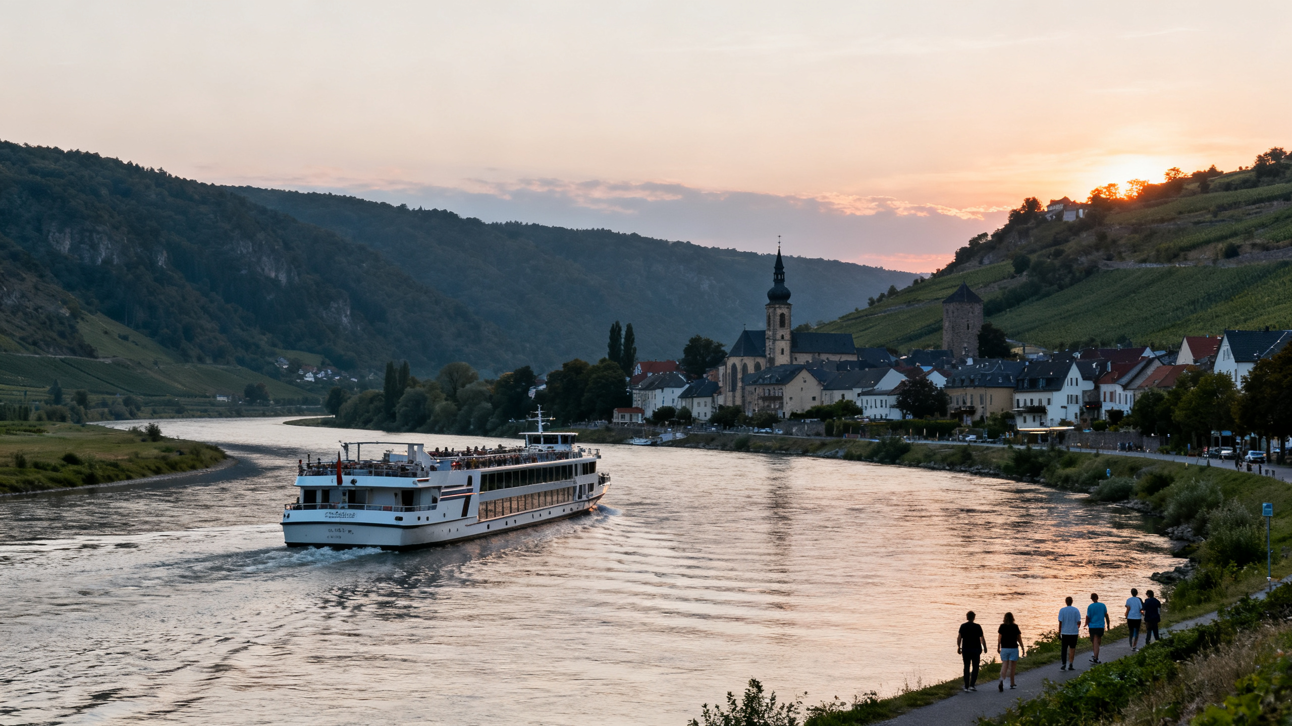 A calm river meandering through European countryside with a stylish river cruise ship gliding past historic villages under a soft sunset.