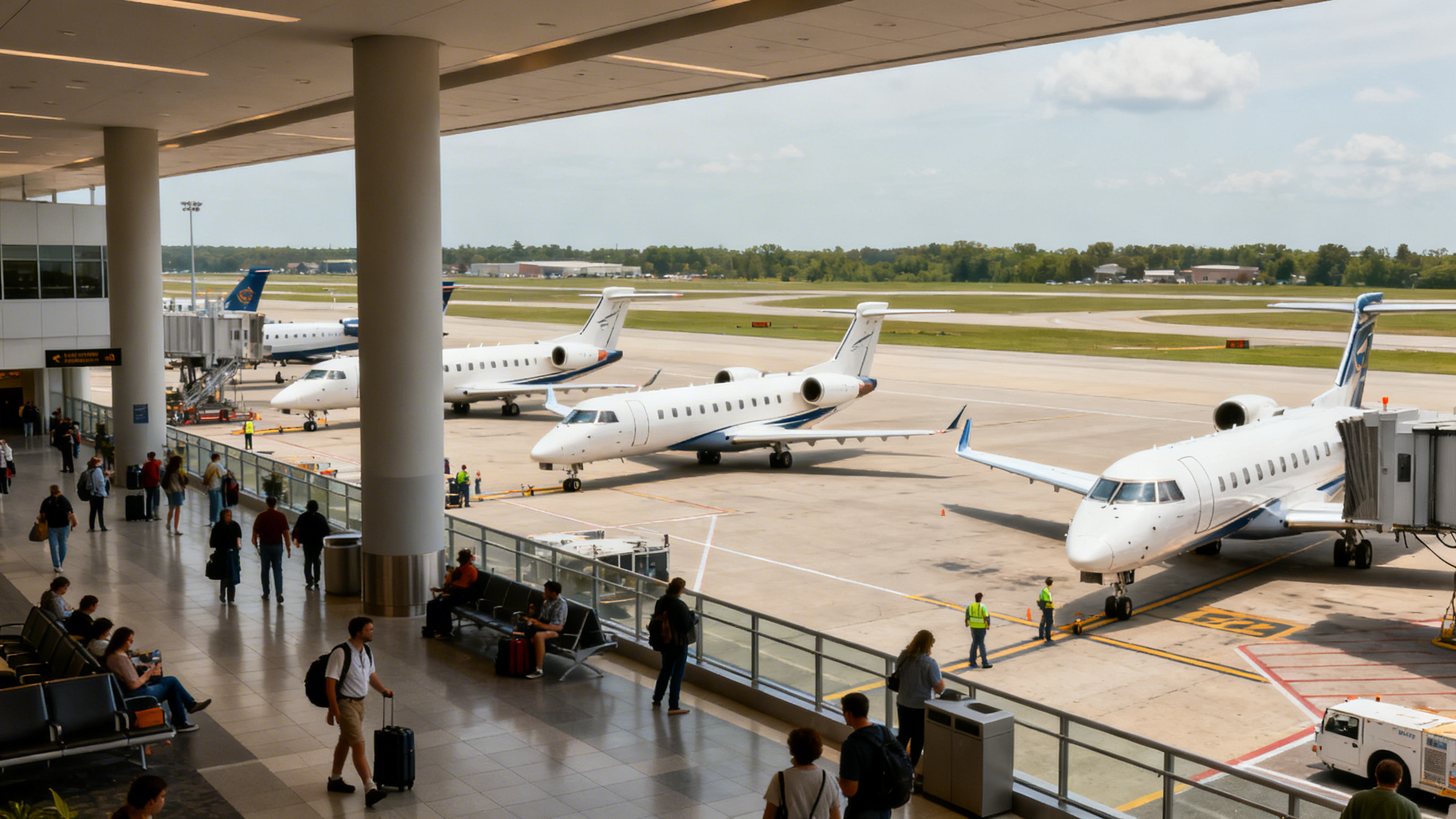 Suburban airport terminal with small crowds and several regional jets on the tarmac