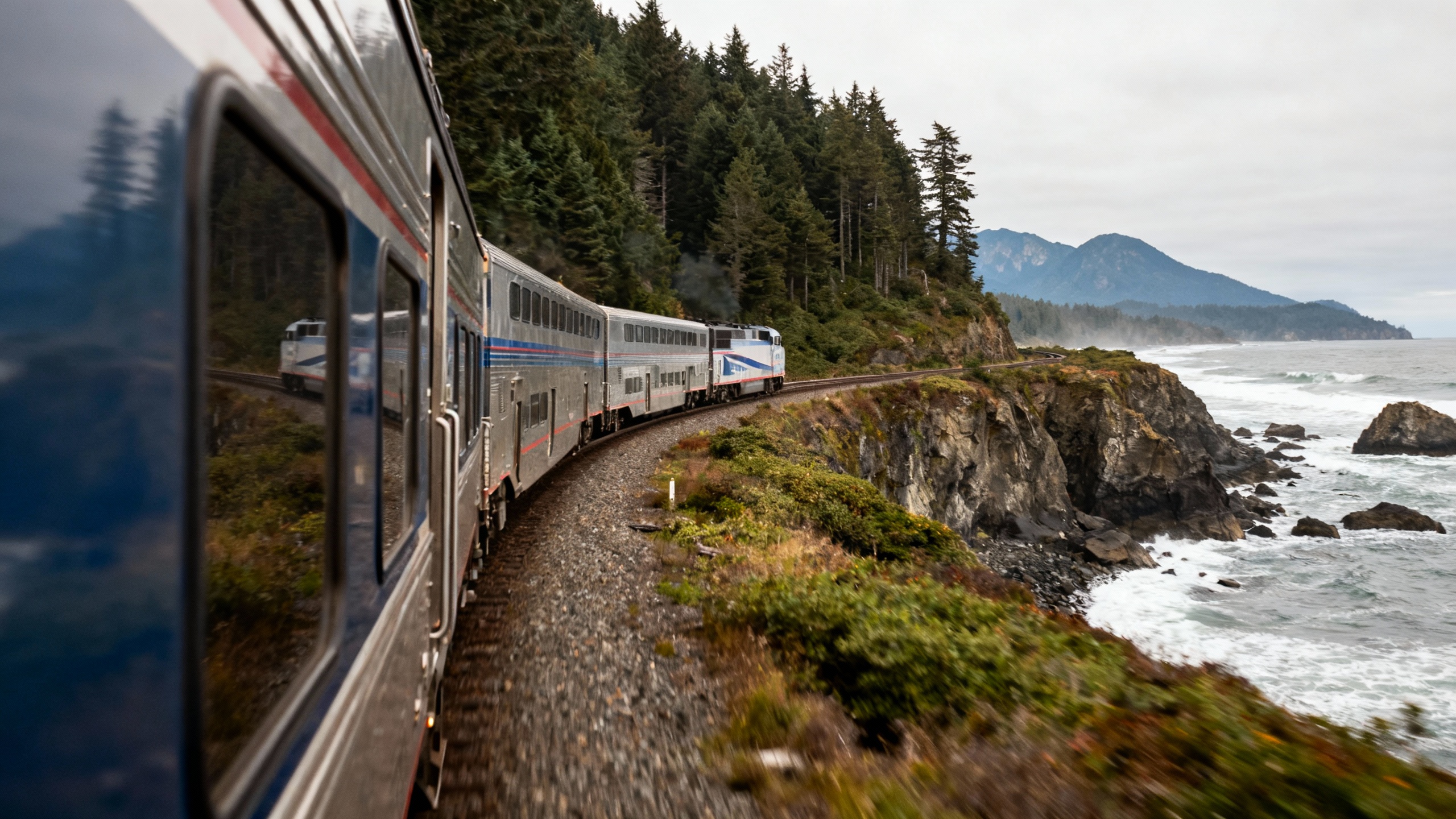 Amtrak Cascades train Pacific Northwest coastline
