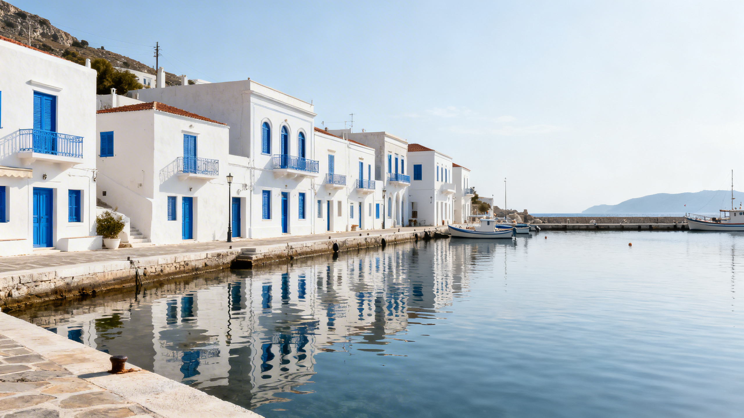 Traditional whitewashed houses with blue shutters along a peaceful harbor in the Greek island of Leros, calm Aegean Sea under a bright sky
