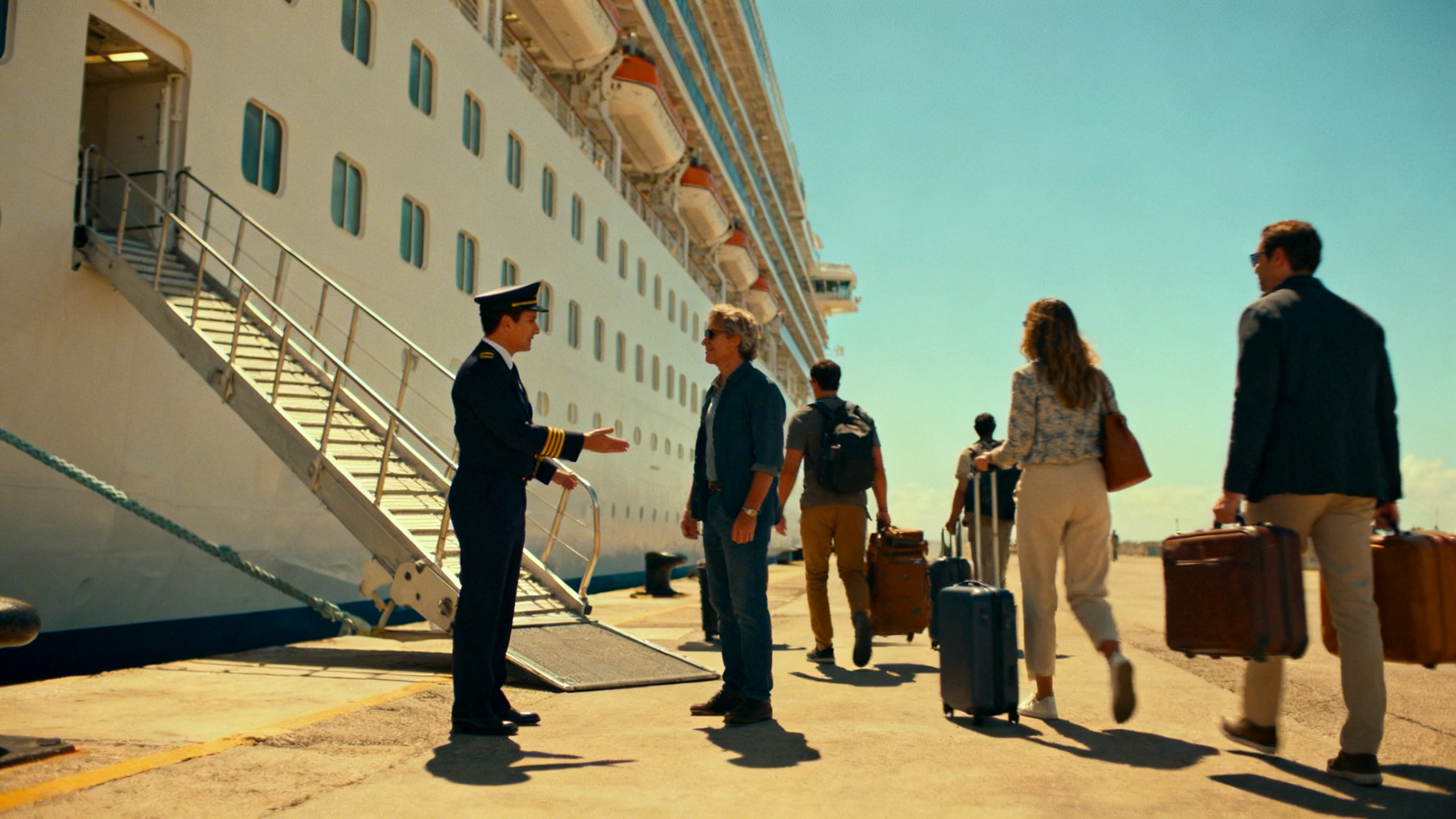 A cruise ship crew member assisting passengers boarding under blue skies