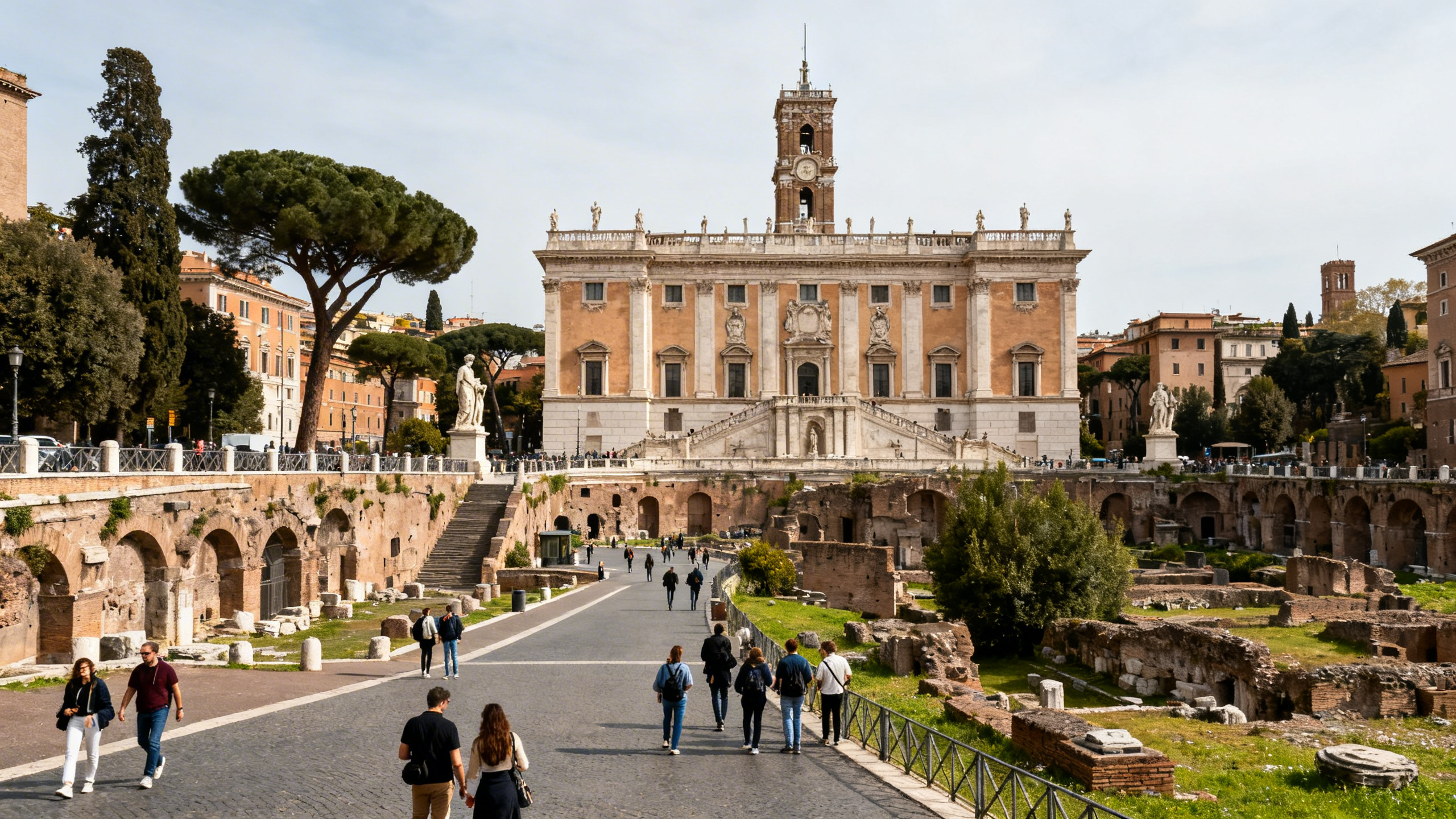 The historic Palazzo dei Conservatori on Capitoline Hill overlooking the cityscape and ancient Roman ruins below