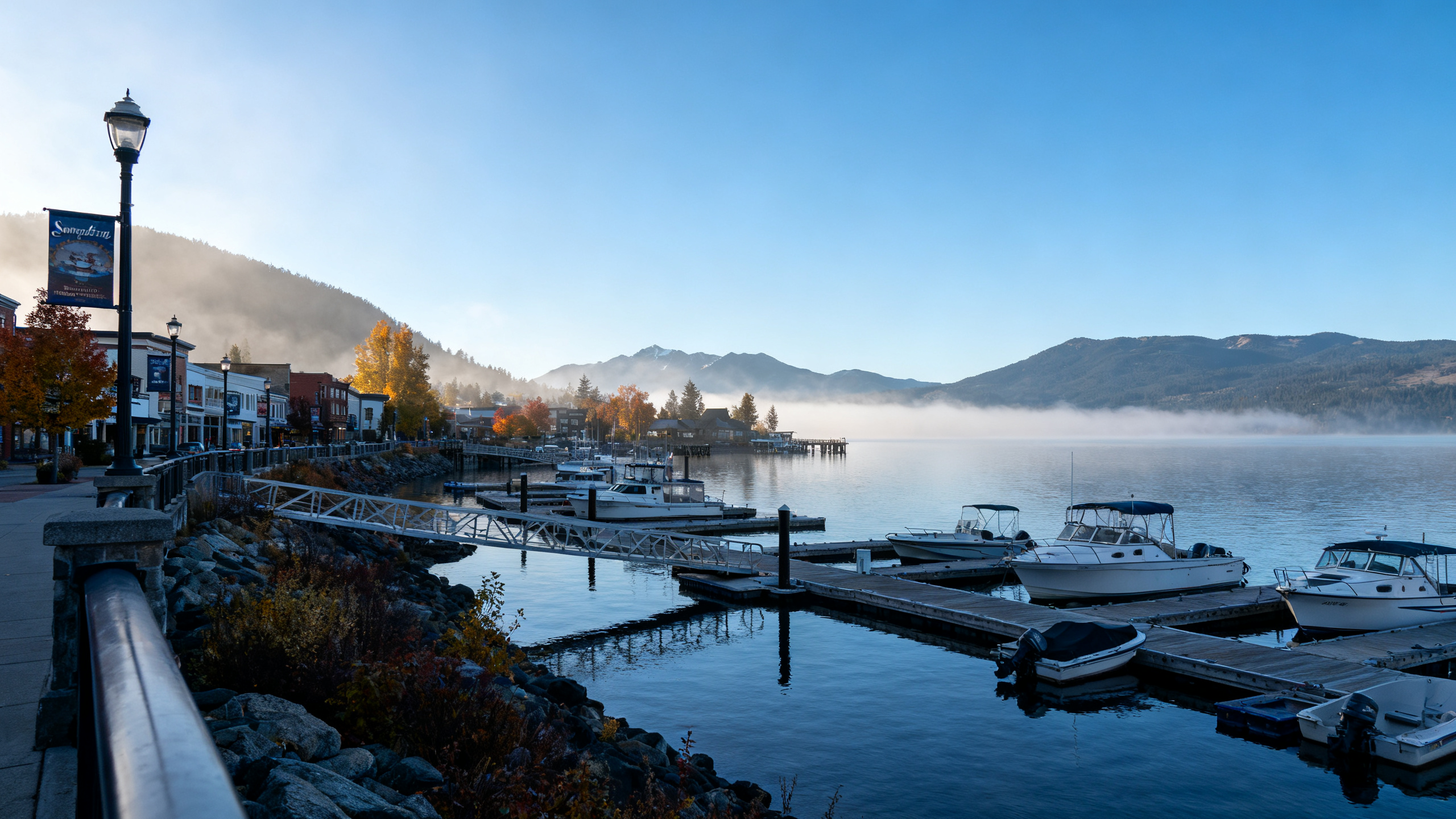 The waterfront of Sandpoint on the edge of Lake Pend Oreille with boats and mountain views under a clear blue sky in early fall.