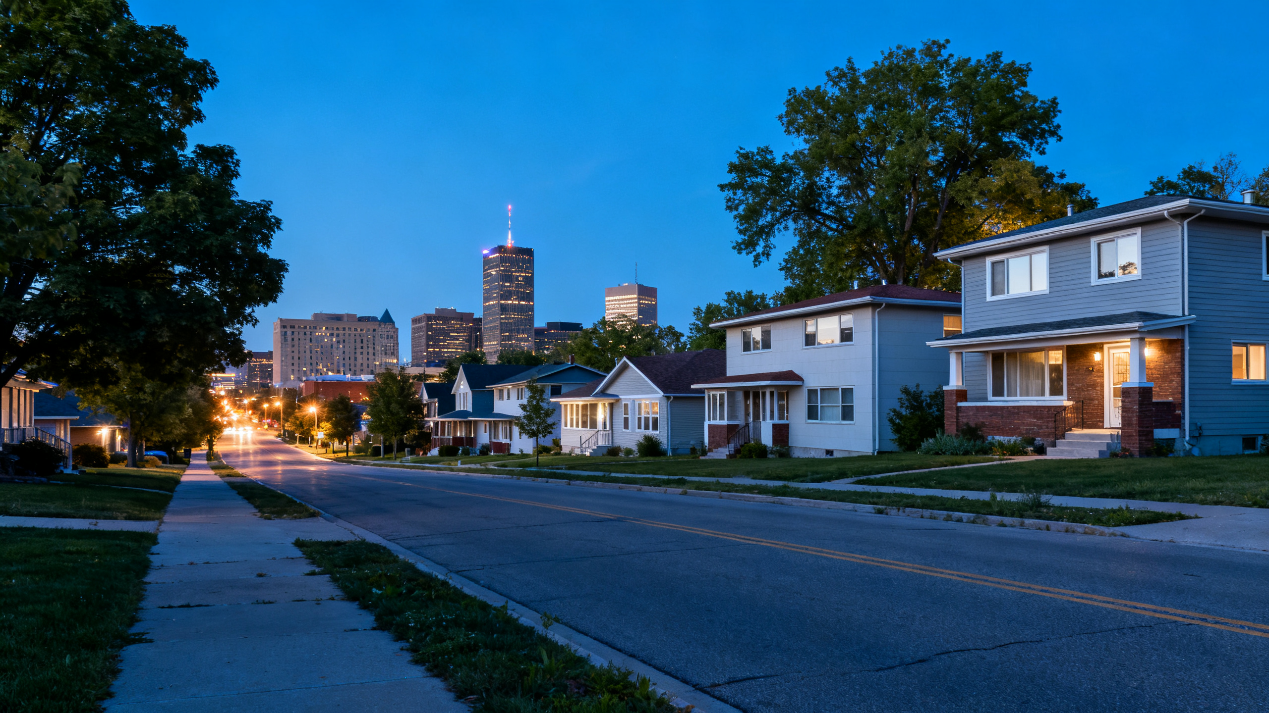 A quiet street lined with mid-century homes and leafy trees under a clear blue sky in Green Bay residential area