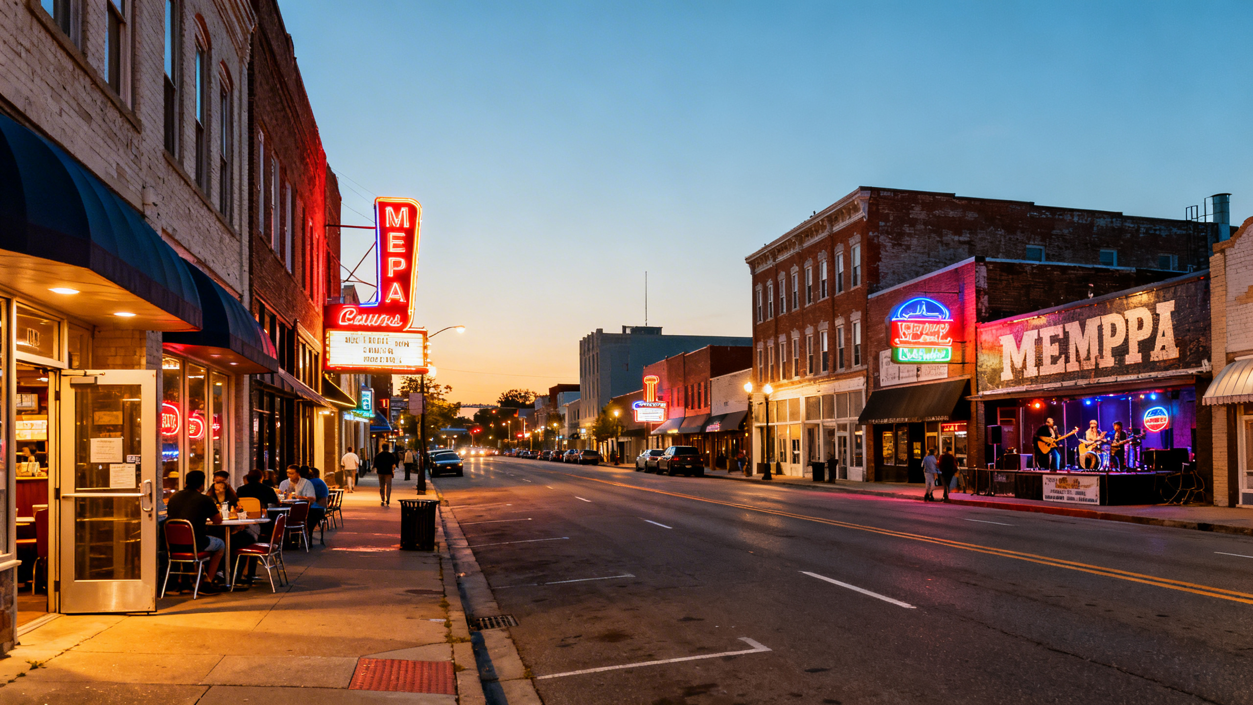 Broadstreet lined with neon signs, busy diners, and live music venues in Memphis at dusk