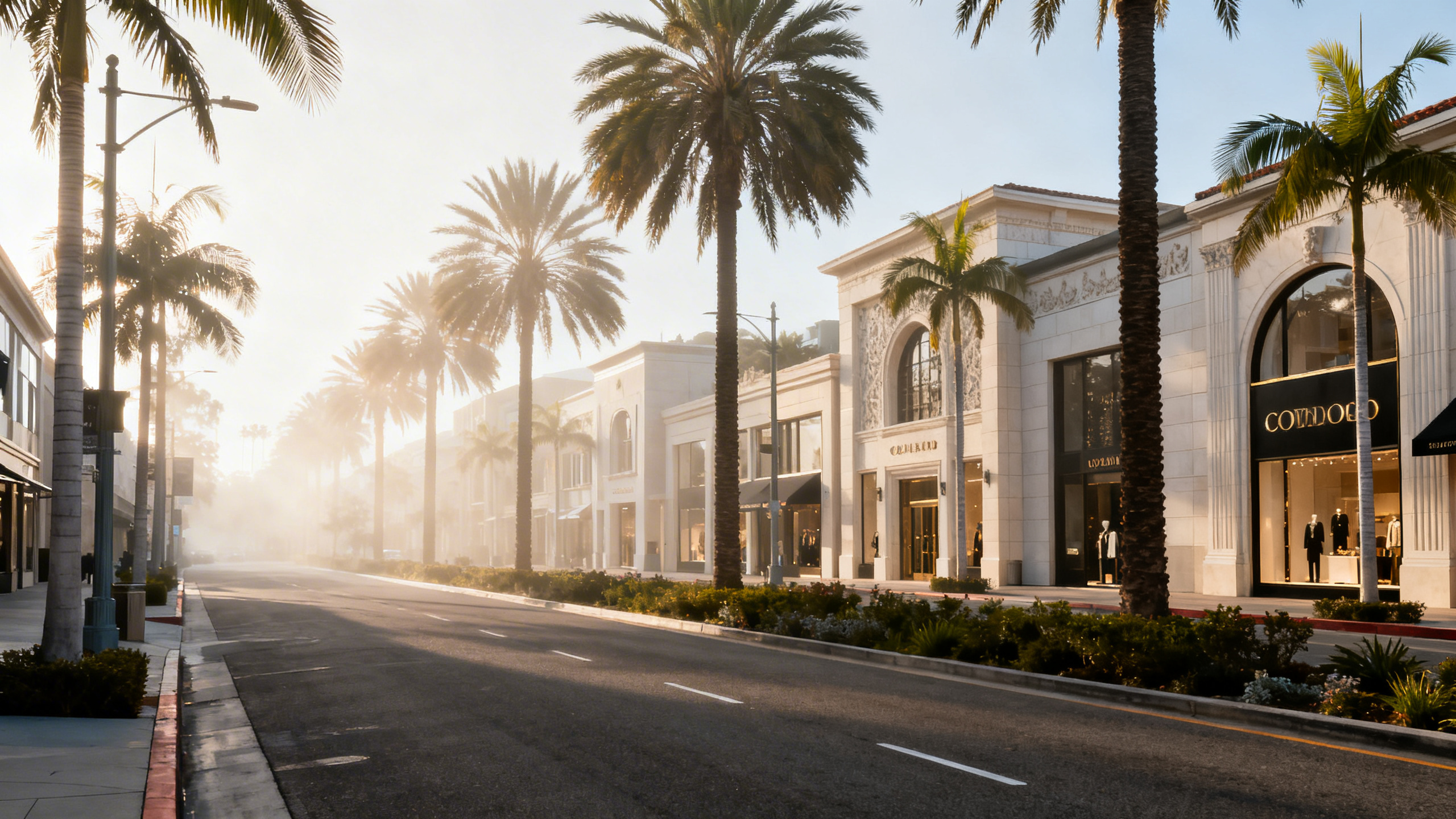 Palm tree-lined streets and upscale boutique storefronts along Rodeo Drive in Beverly Hills on a sunny afternoon