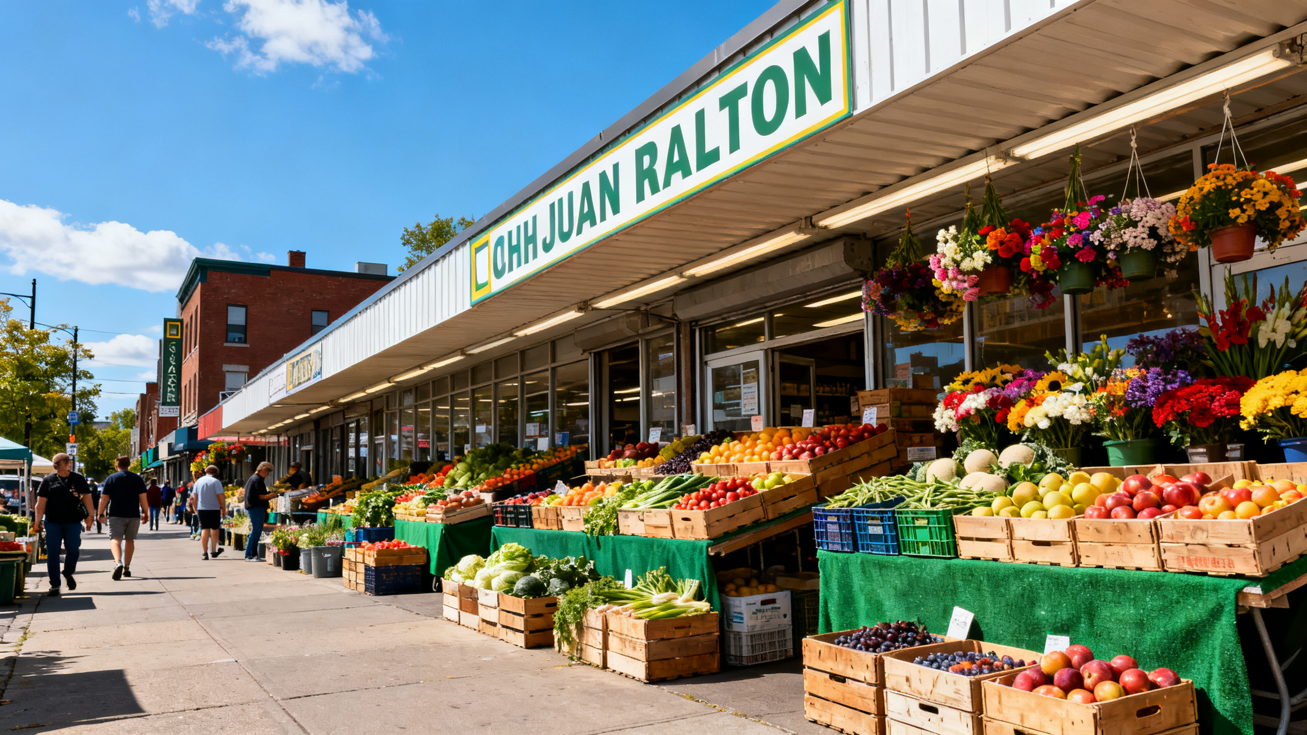 Colorful outdoor stalls with crates of fresh fruits, vegetables, and flowers under a sunny sky in Montreal’s Jean-Talon Market