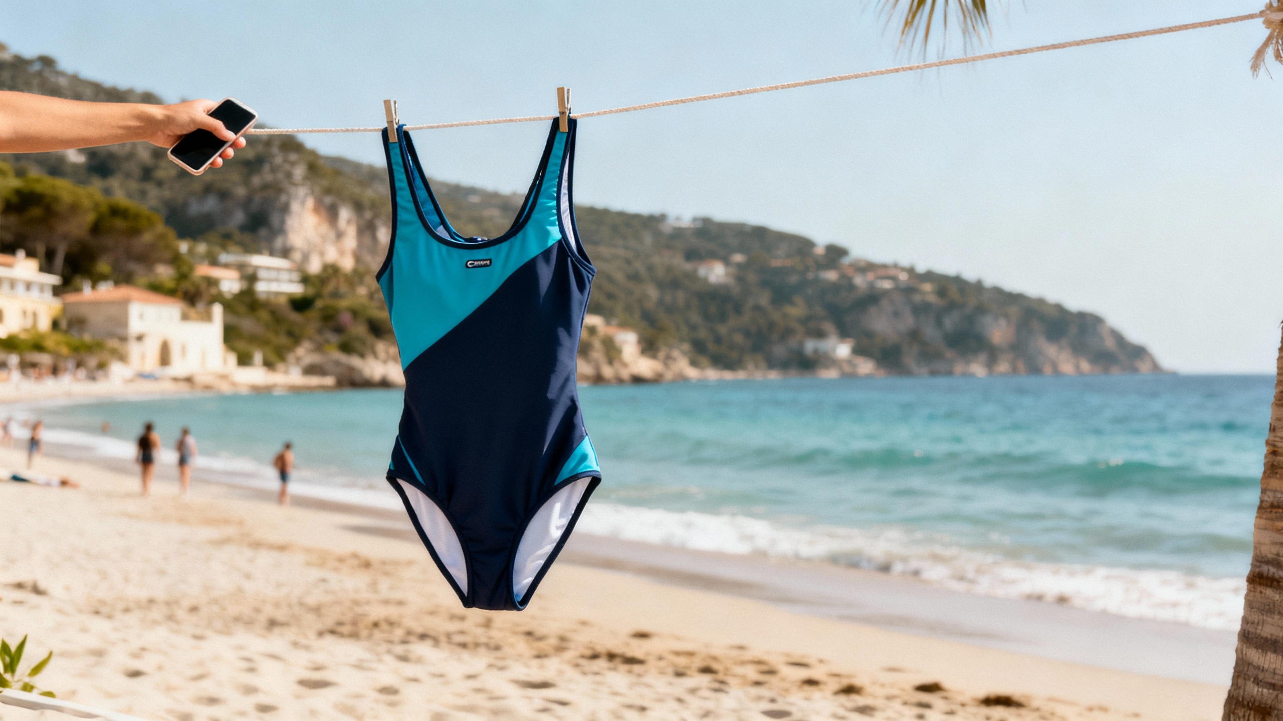 quick-dry swimwear hanging on beach