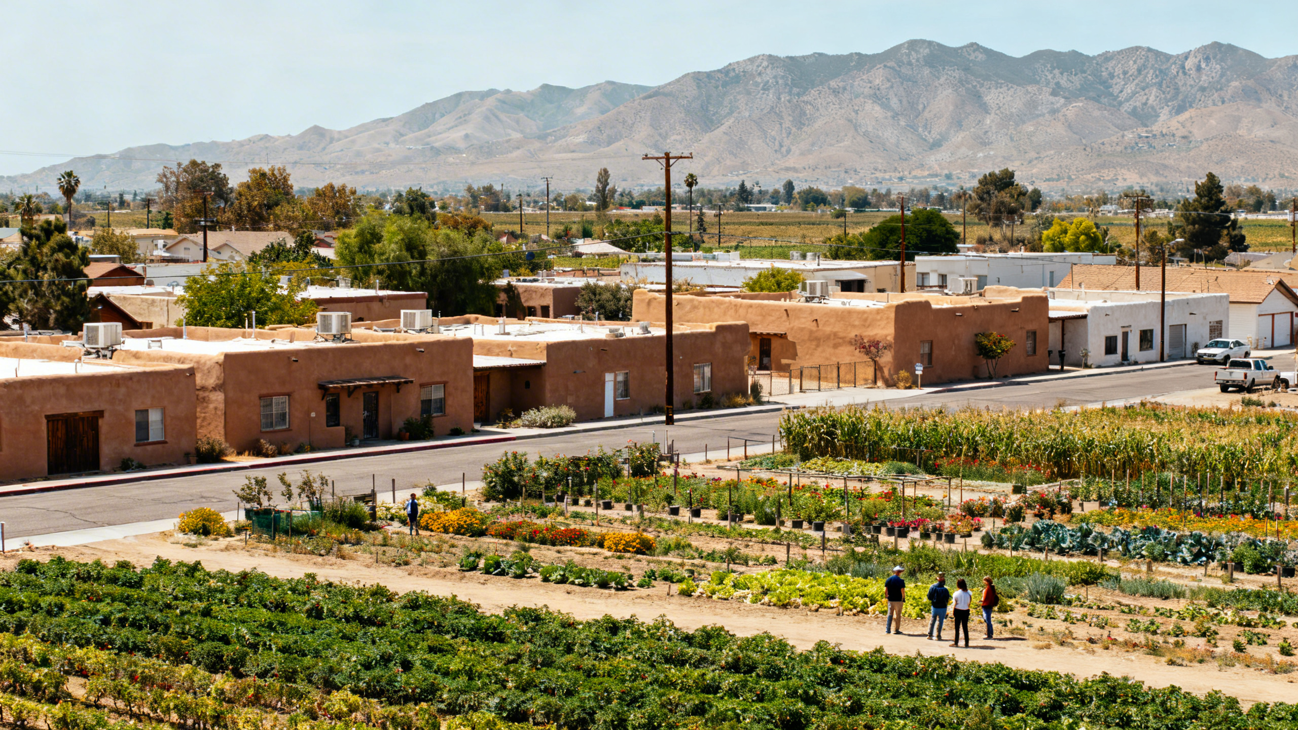 Modest adobe-style buildings surrounded by fields and gardens in Delano, California, with mountains in the background