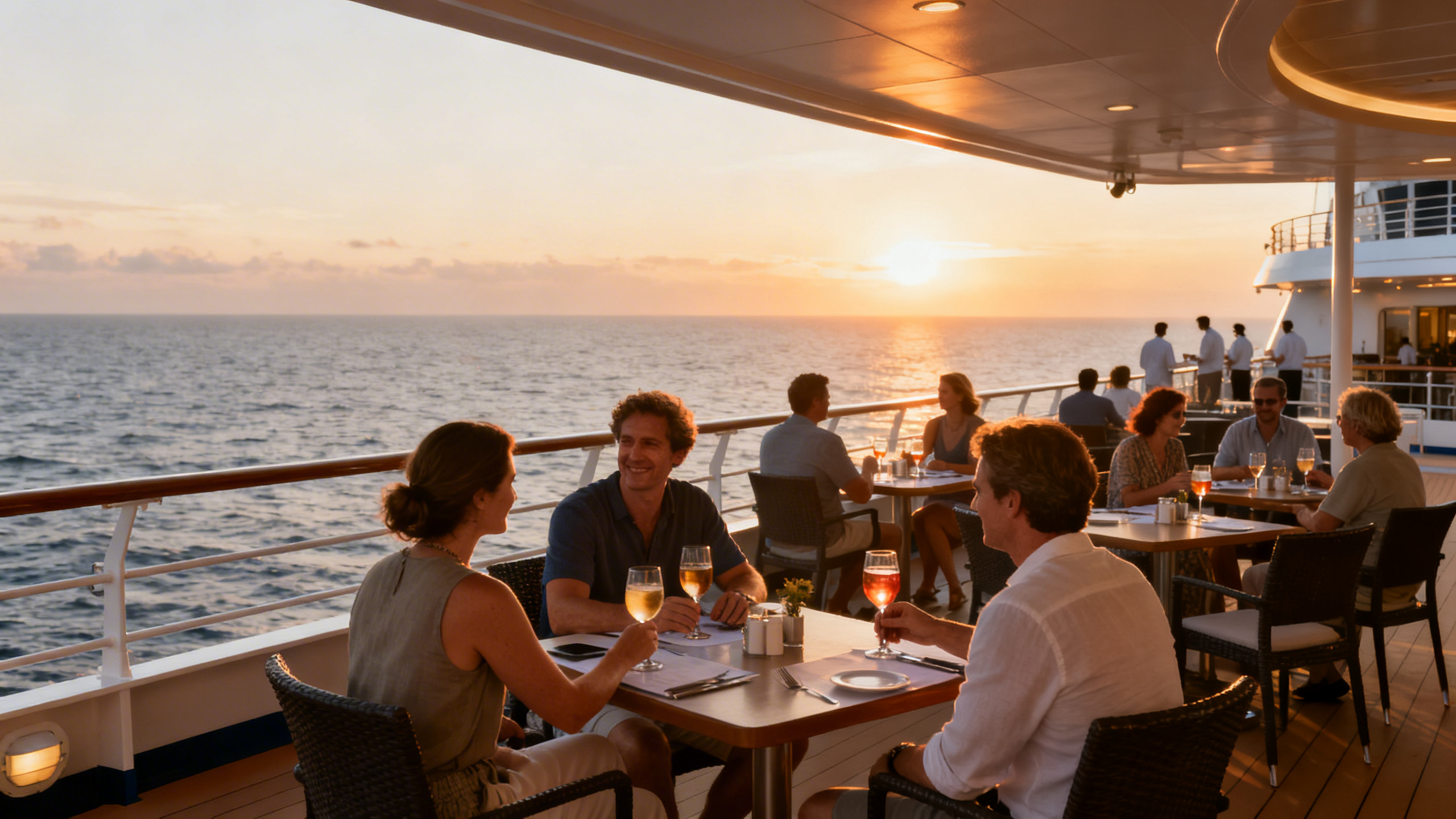 Outdoor dining area on a cruise ship overlooking the ocean at sunset with guests enjoying drinks