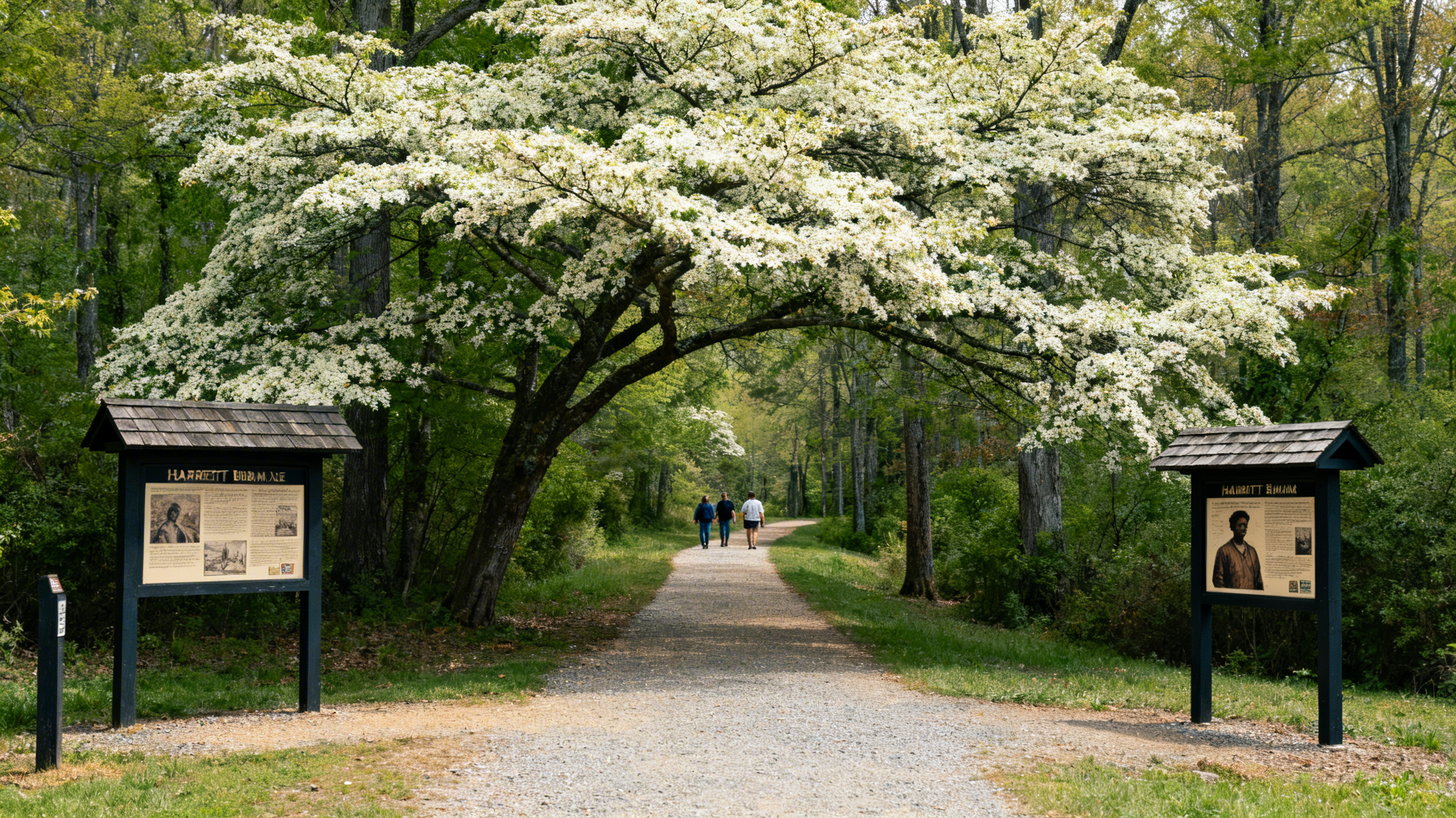 A peaceful wooded trail with interpretive signage under flowering trees in rural Maryland where Harriet Tubman lived and worked
