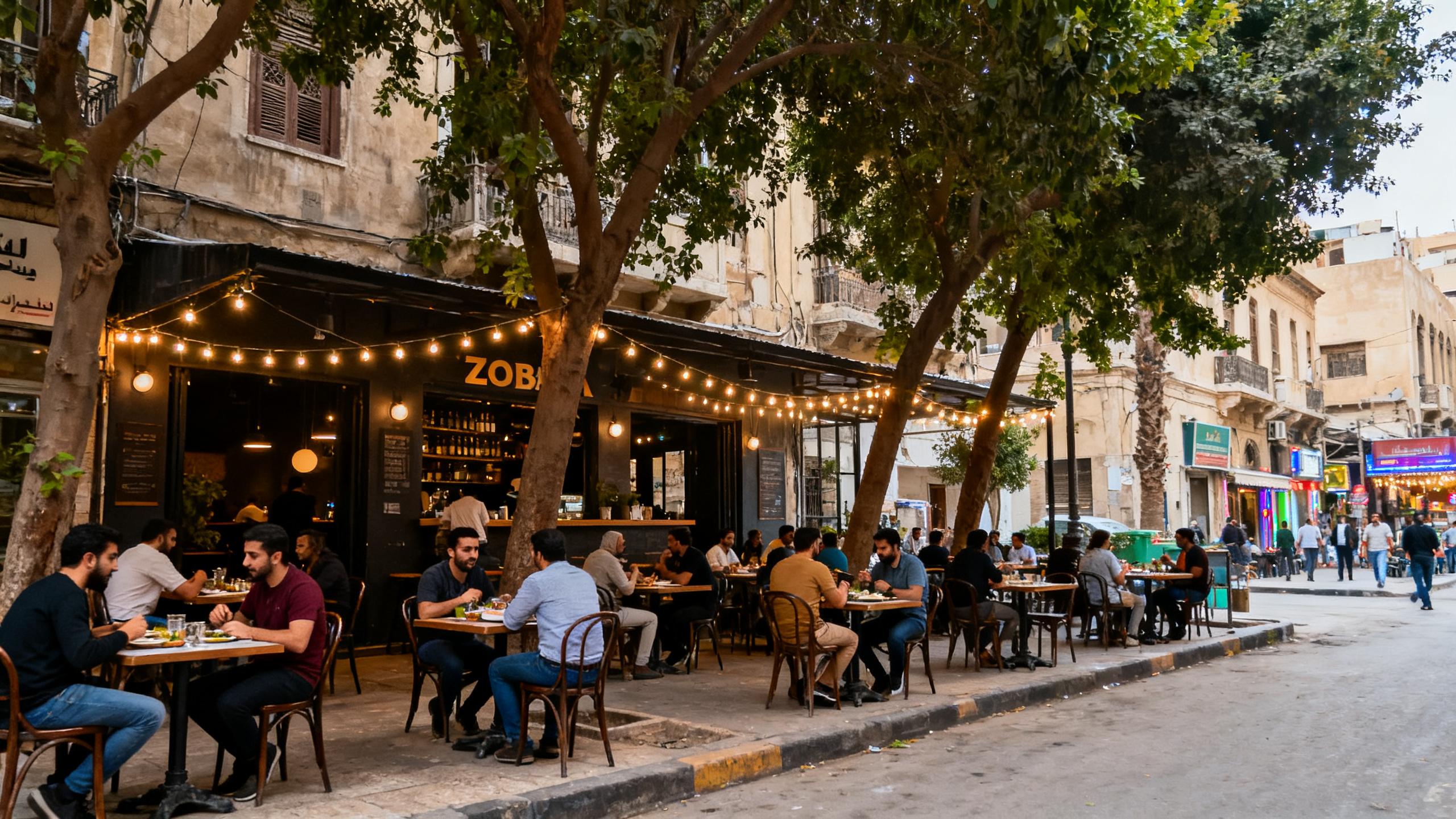 Outdoor seating at Zooba in Zamalek, shaded by trees, with relaxed diners enjoying meals under string lights in a lively neighborhood