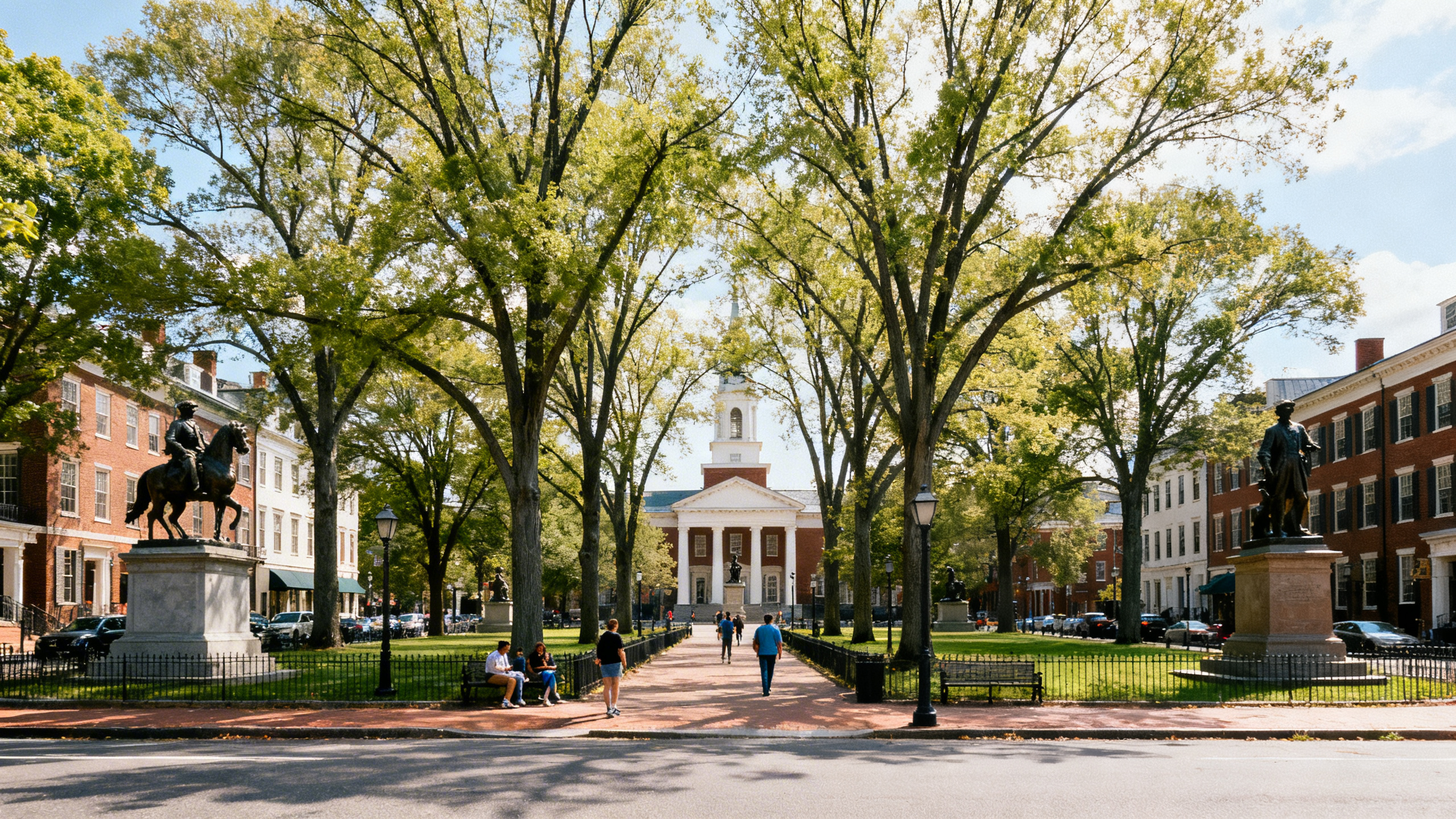 Historic architecture and statues surrounding a tree-lined public square in the Mount Vernon Place neighborhood on a sunny day