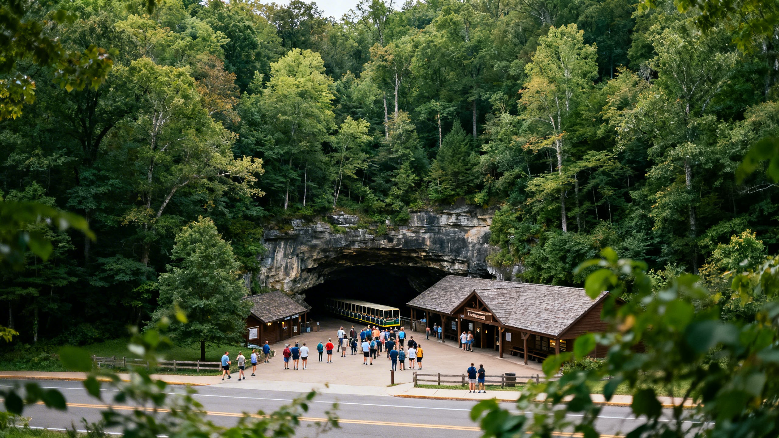 The dense green forest over Mammoth Cave’s entrance area with visitors gathered for cave tours on a mild day