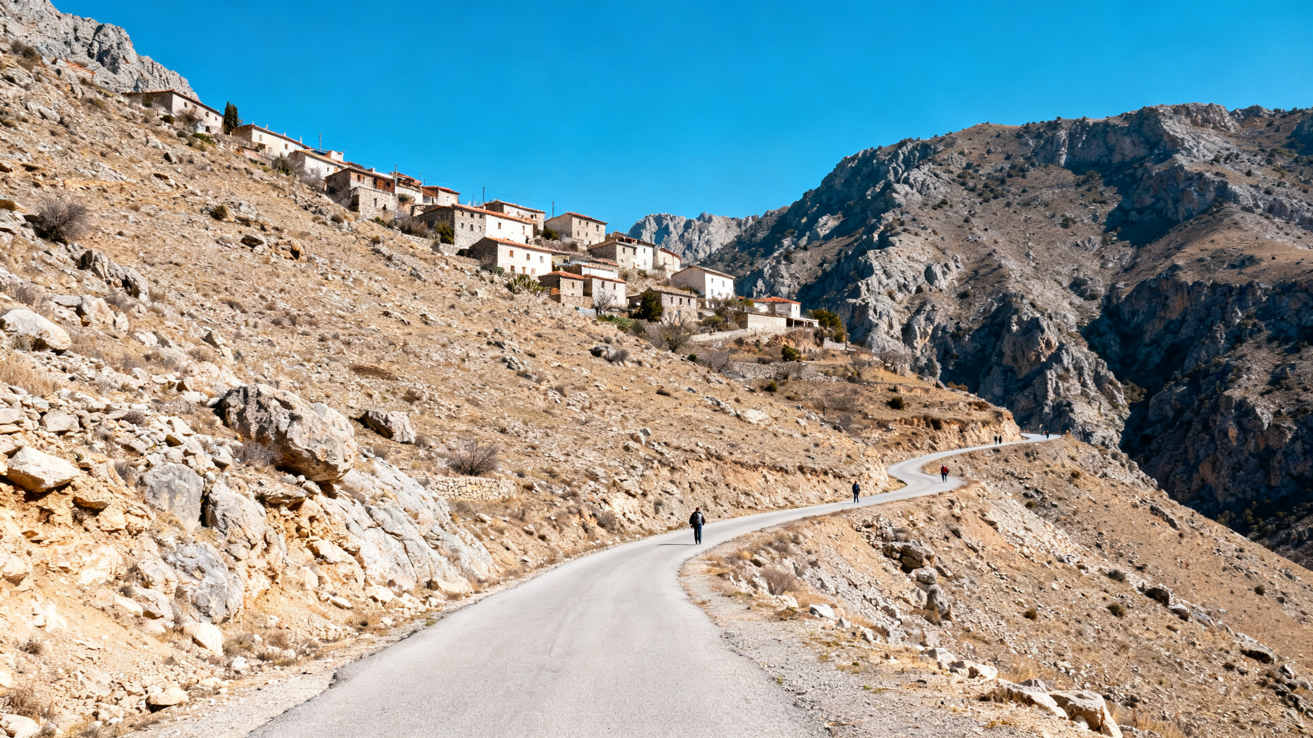 A narrow mountain road twists through barren rocky slopes with small villages perched on rugged hillsides beneath a bright blue sky.
