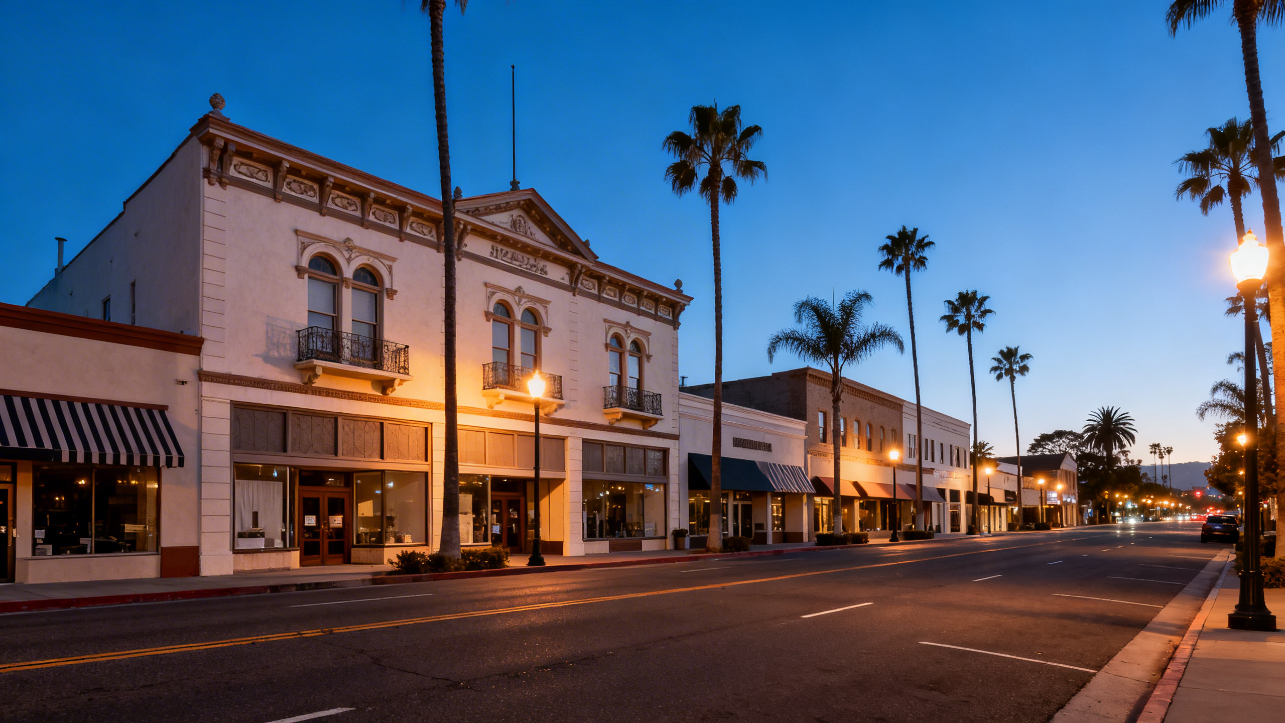 Main street with classic storefronts and palm trees in the central district of Arroyo Grande, California