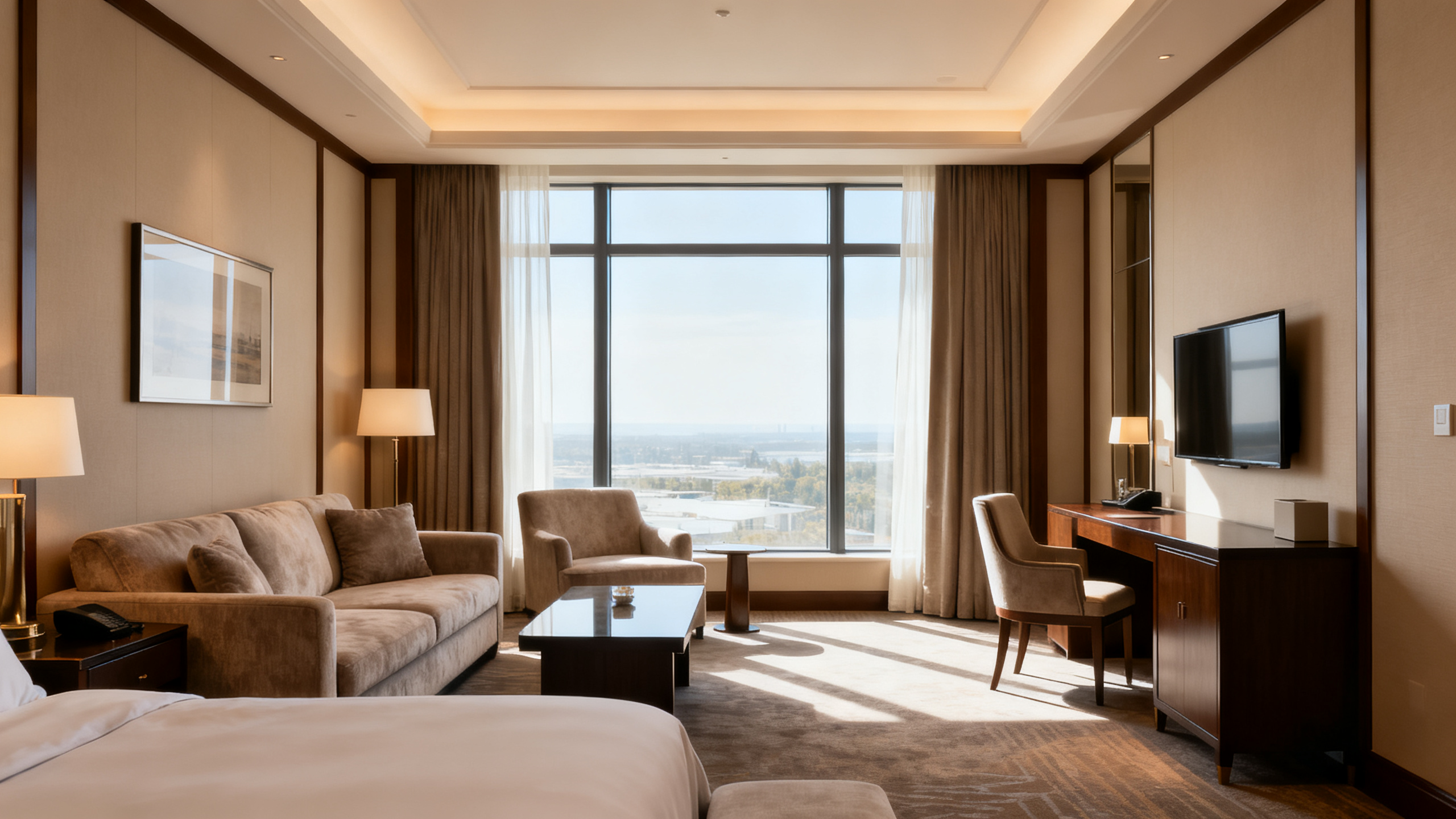 Elegant hotel suite showing a separate living area with plush sofas and large windows illuminating the interior.
