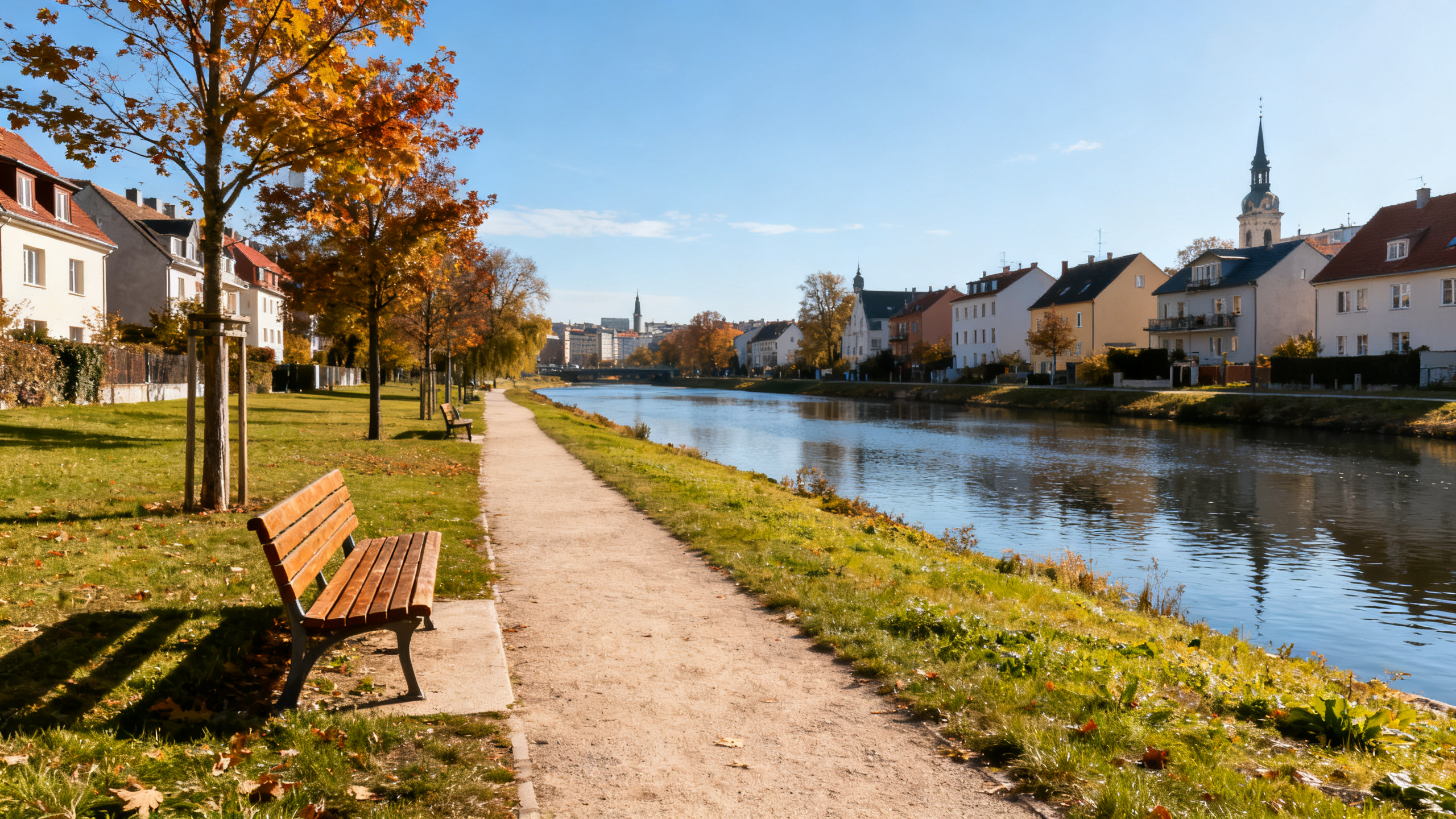 Calm riverfront park with wooden benches and walking paths beside residential homes on a crisp autumn day