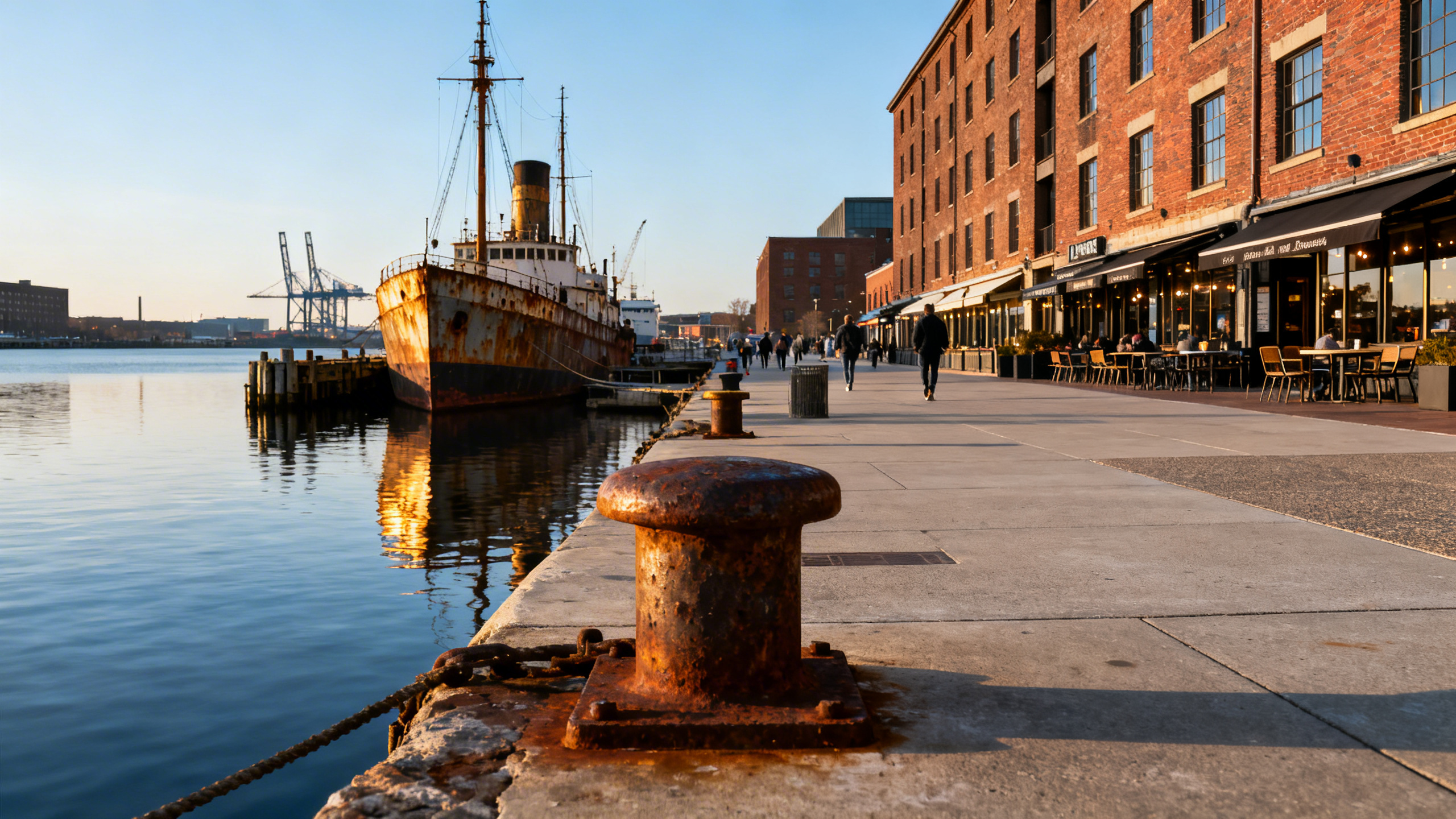 The gritty, industrial Inner Harbor with rusty ships and brick warehouses converted into shops and restaurants