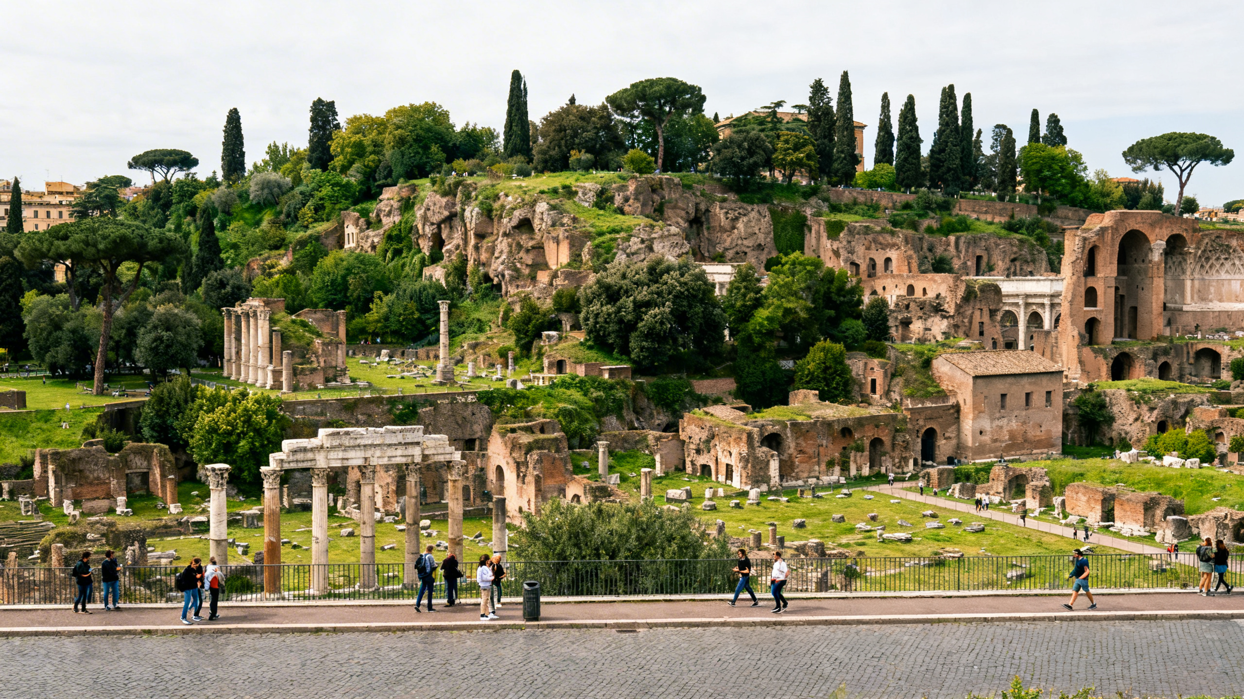 Green and rocky Palatine Hill with scattered ancient ruins and views of the Roman Forum below