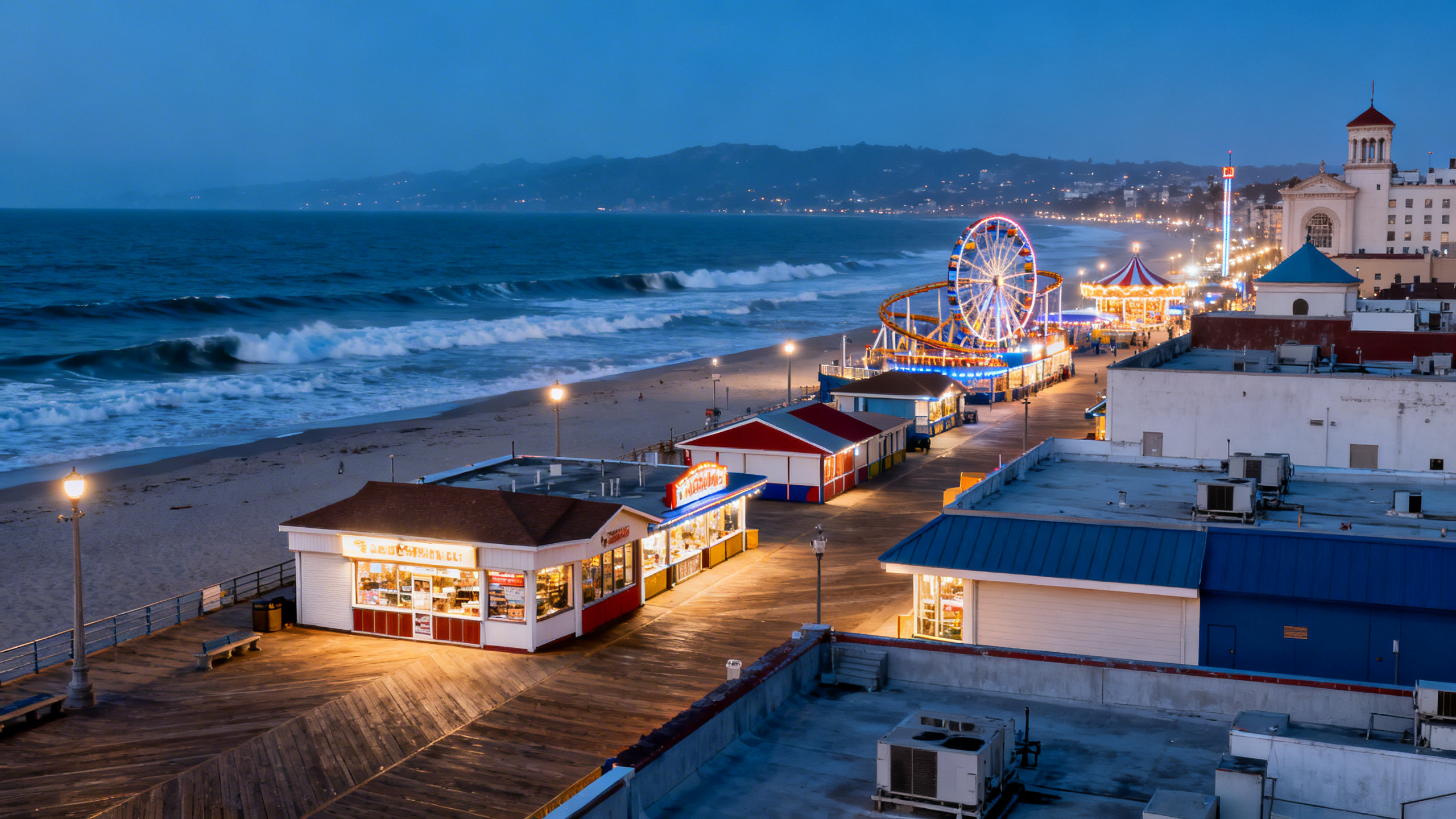 Boardwalk area with small shops, amusement rides, and ocean waves visible beyond in Rehoboth Beach.