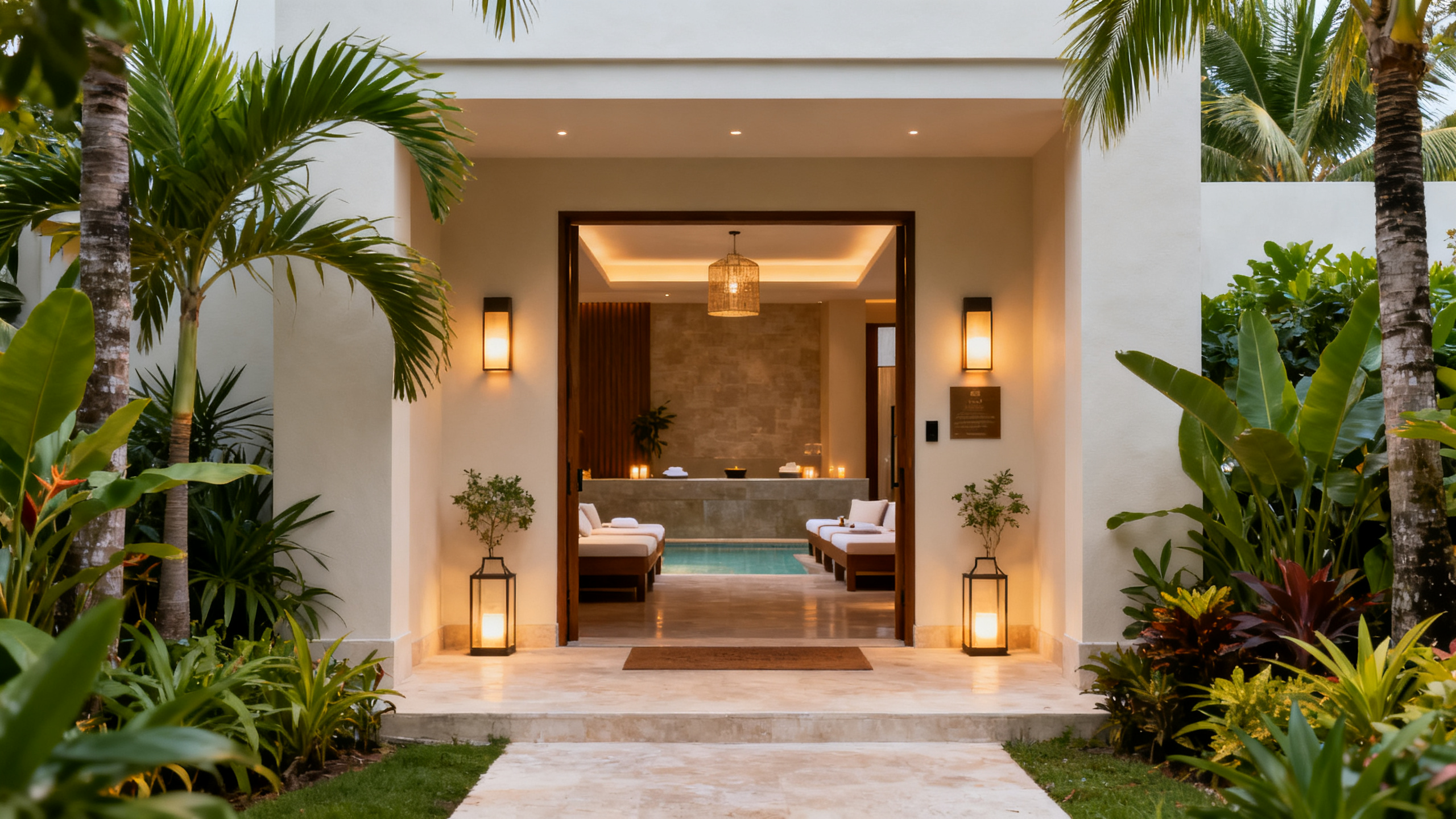 Quiet hotel spa entrance with ambient lighting and tropical plants outside.