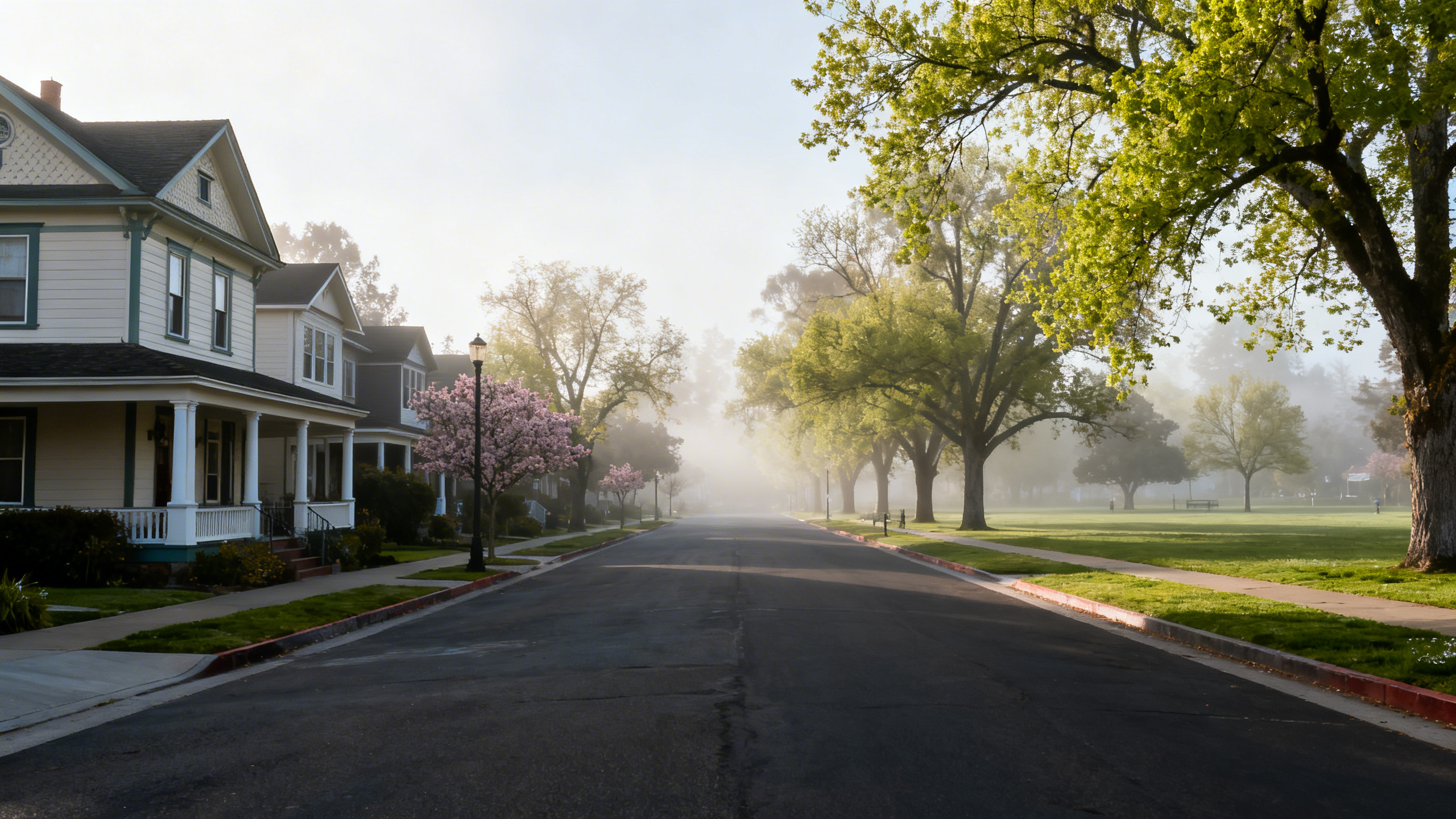 Tree-lined residential streets with historic homes and a small-town park setting in Fair Oaks, California in spring