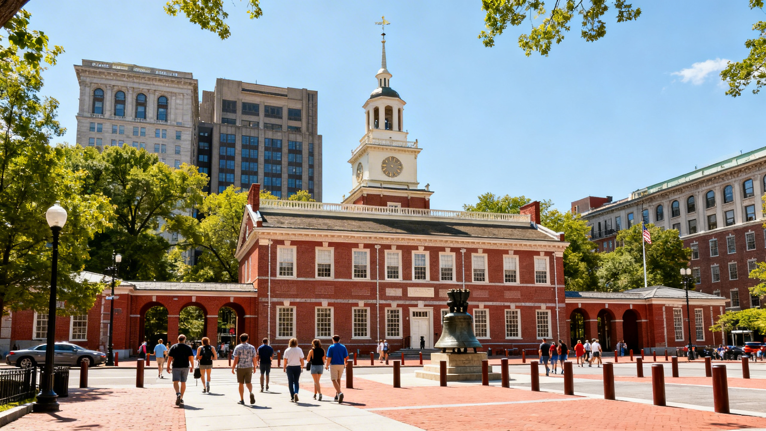 The red brick Liberty Bell Center and Independence Hall set in a historic square with visitors walking under a bright sunny sky