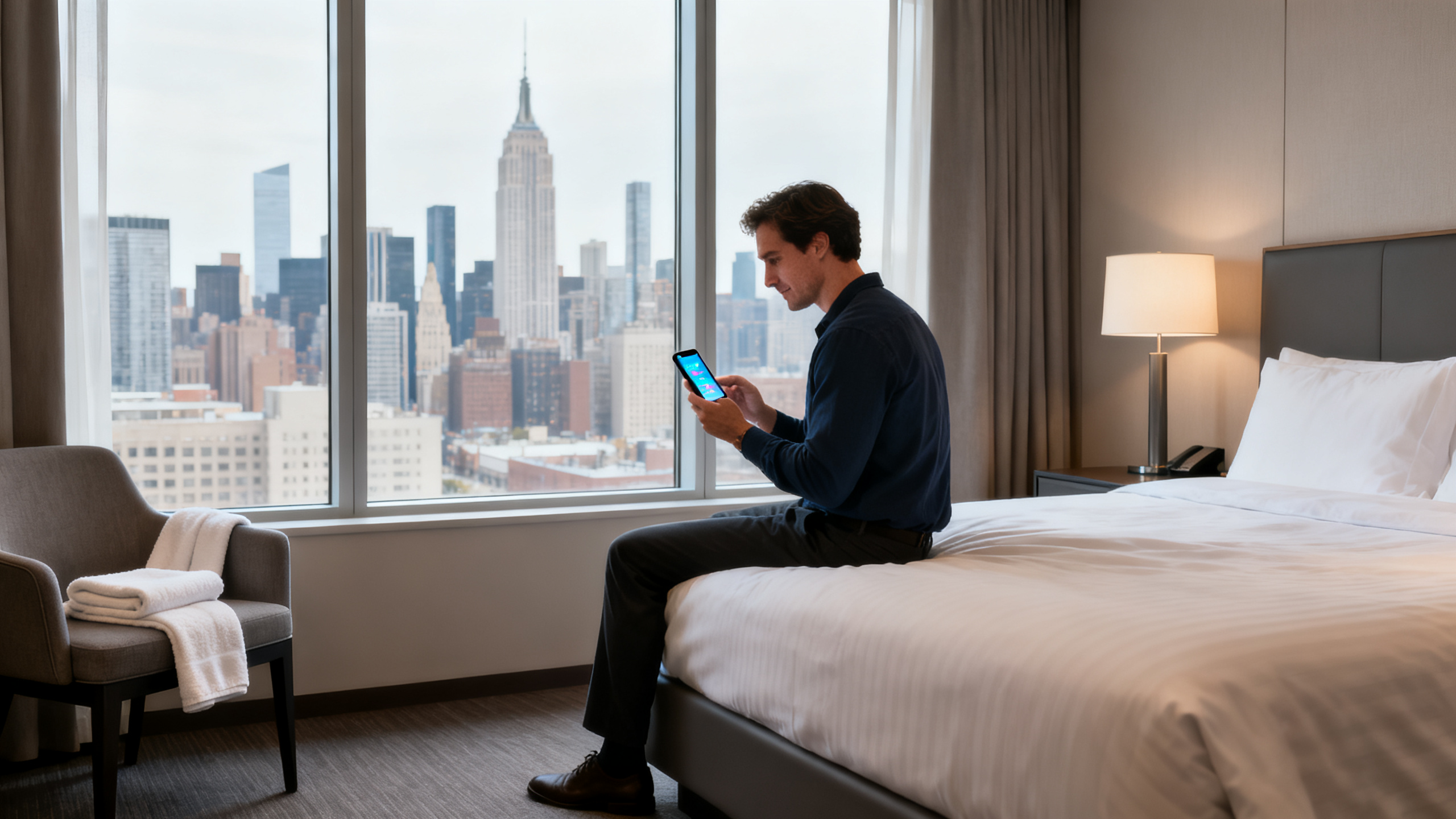 A guest using a smartphone app inside a modern hotel room featuring city views through large windows.