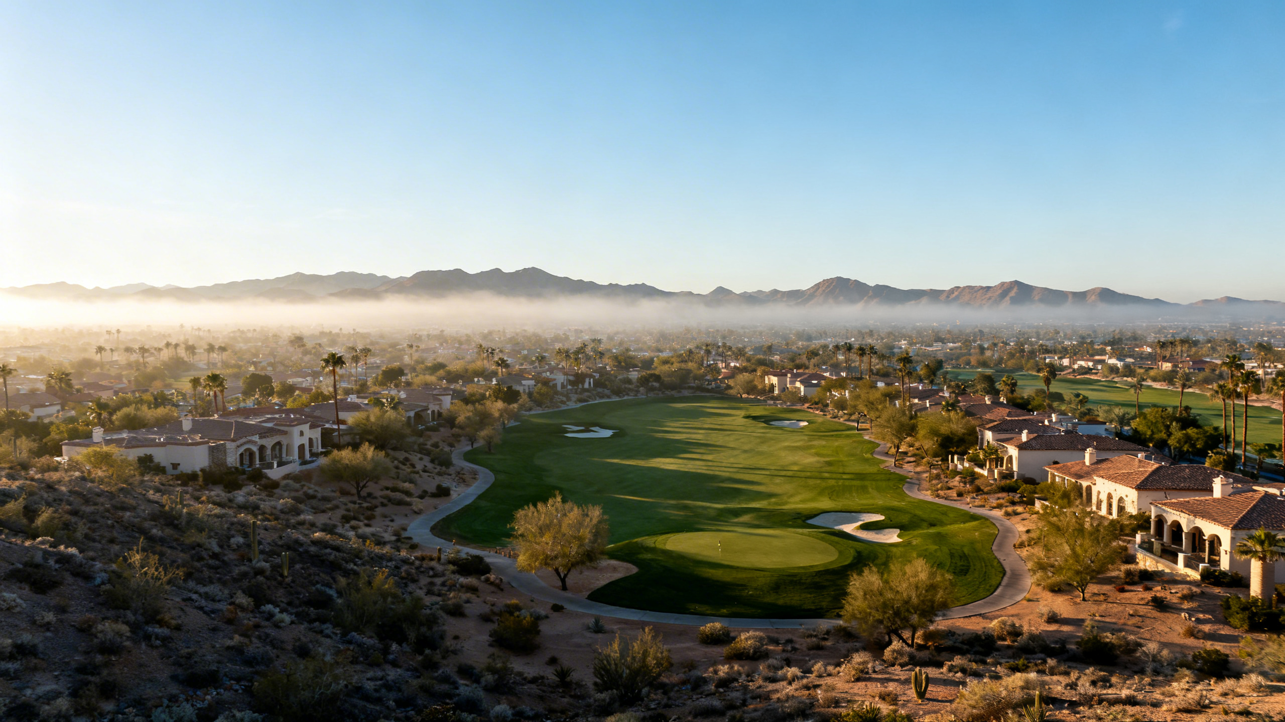Golf courses and mountain views with blue skies in the desert community of La Quinta, California