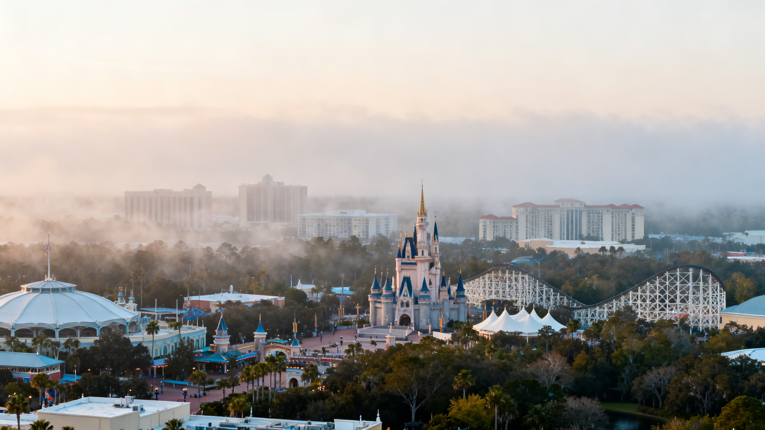 Amusement parks and cityscape in Orlando, Florida, with no natural beach visible.