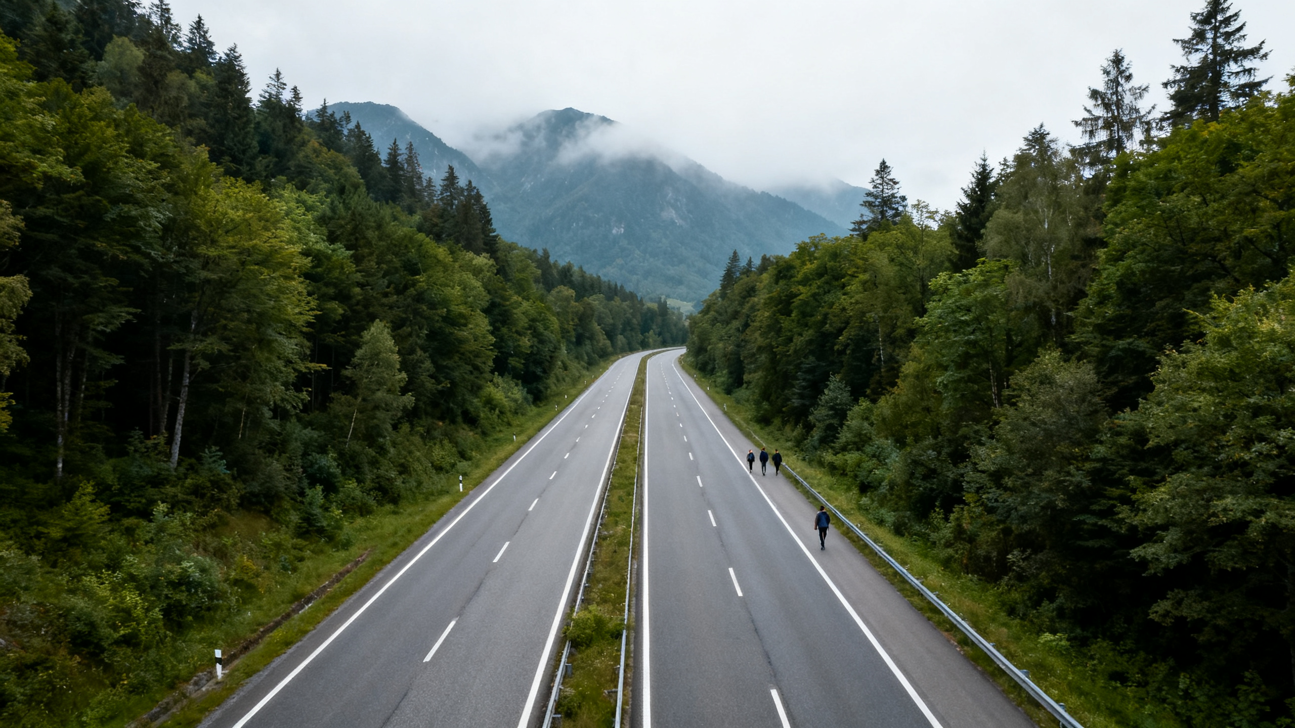 A scenic highway runs through dense green forests with mountains lurking under mist in the background.