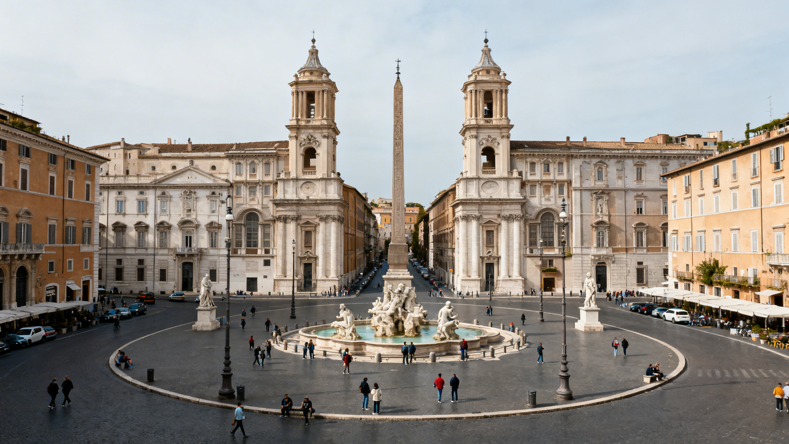 Wide circular piazza with twin churches at one end, statues, and fountains surrounded by classic Roman buildings