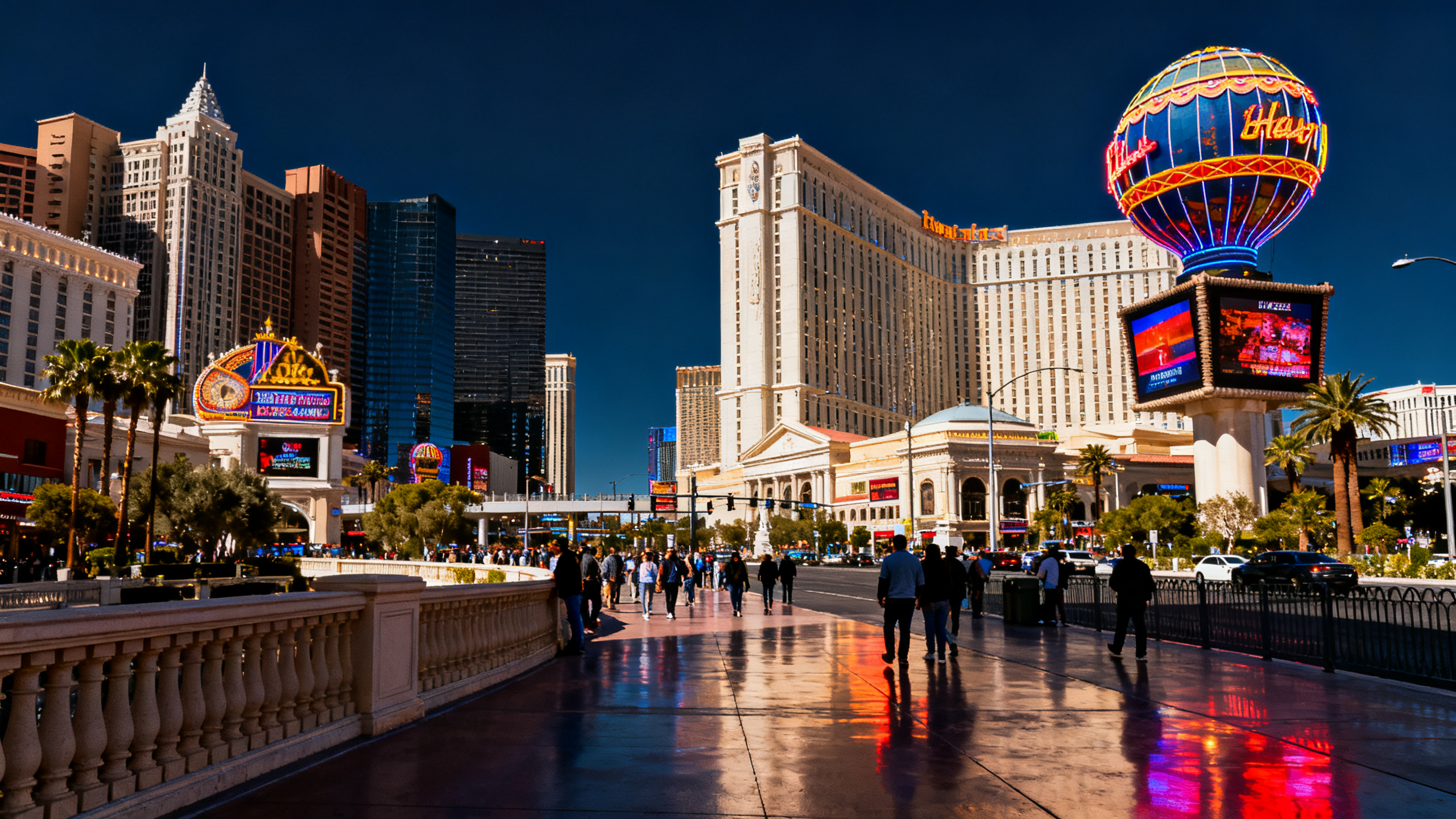 Las Vegas Strip at night with neon lights reflecting and crowds on the bustling sidewalks