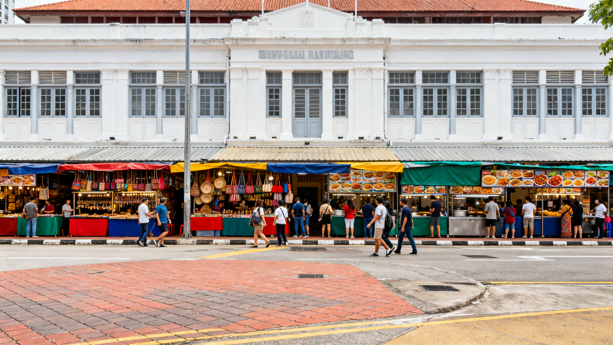 Historic building with colorful stalls and a bustling crowd in Kuala Lumpur’s Central Market, showcasing local crafts and street food