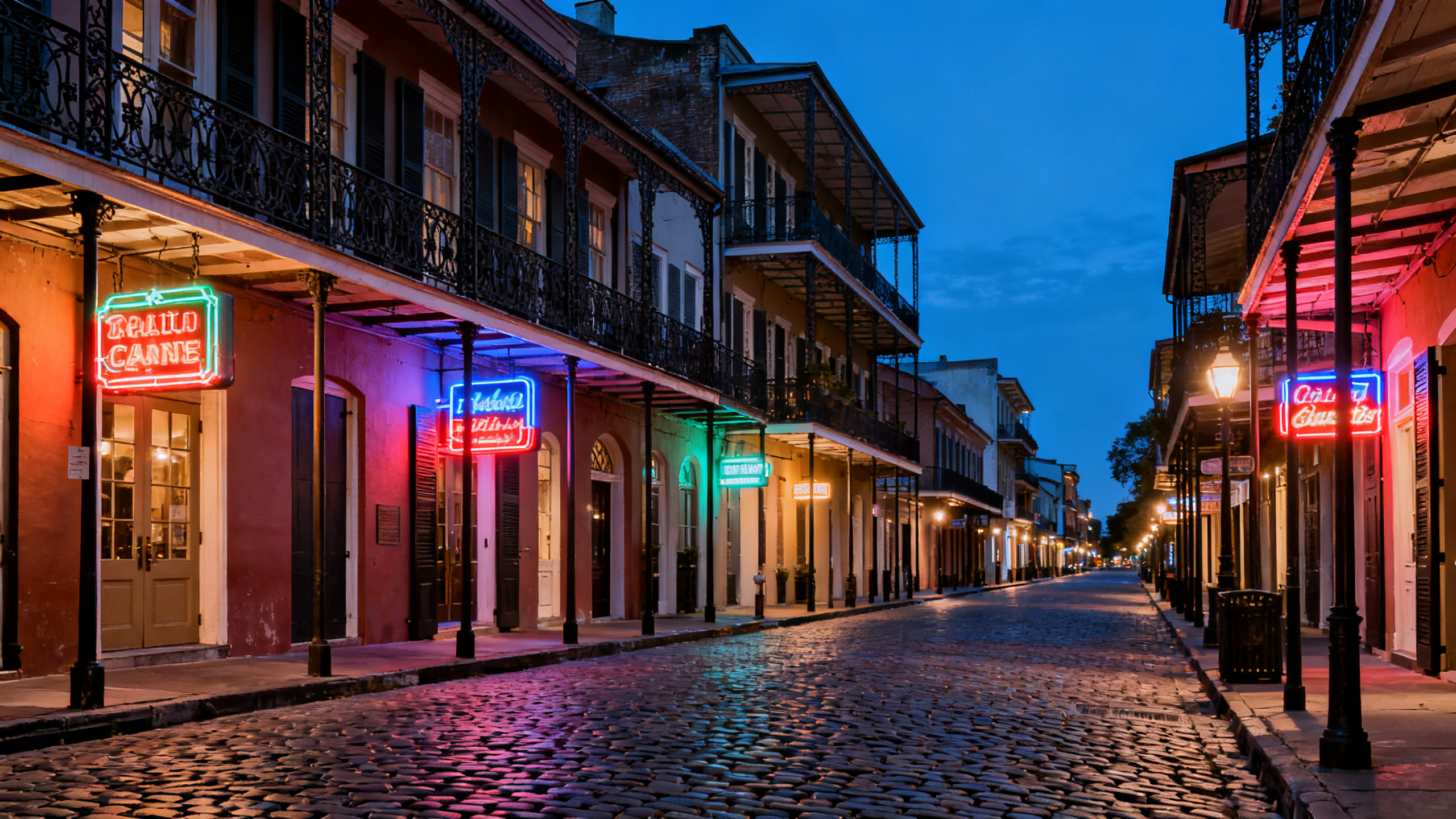 Tourist-packed cobblestone street lined with wrought-iron balconies and neon signs in New Orleans French Quarter