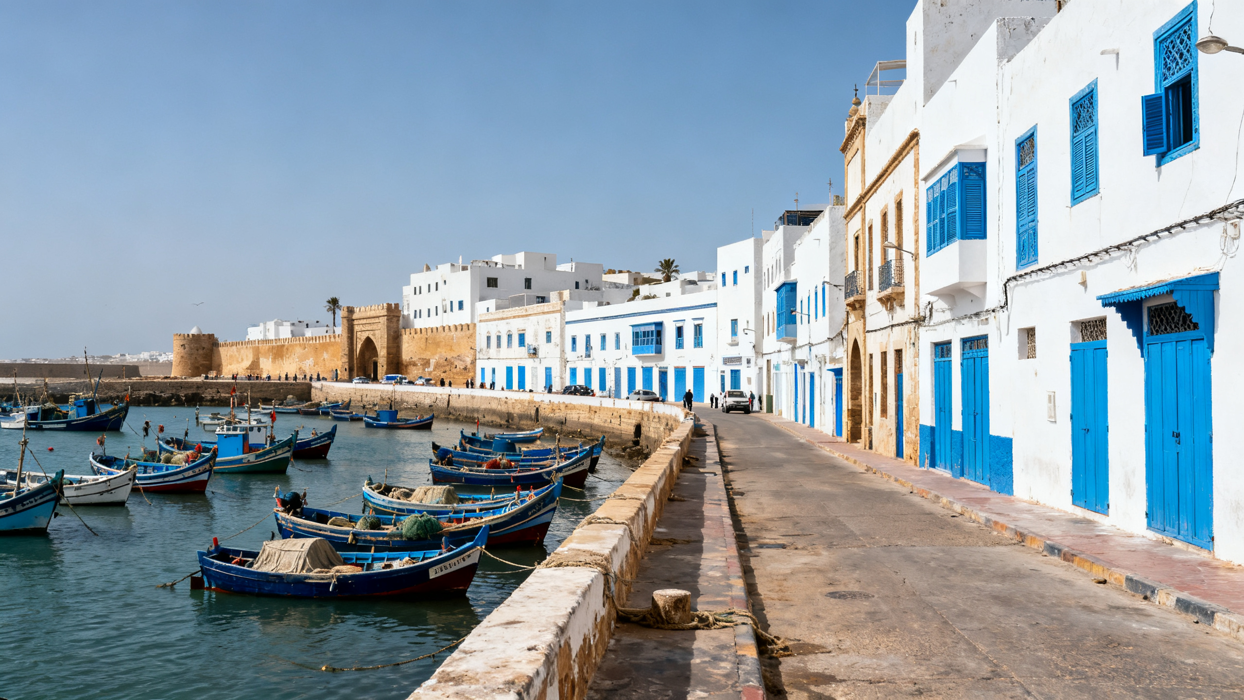 White-washed buildings and blue shutters lining the windy seafront streets of Essaouira with fishing boats docked in the harbor