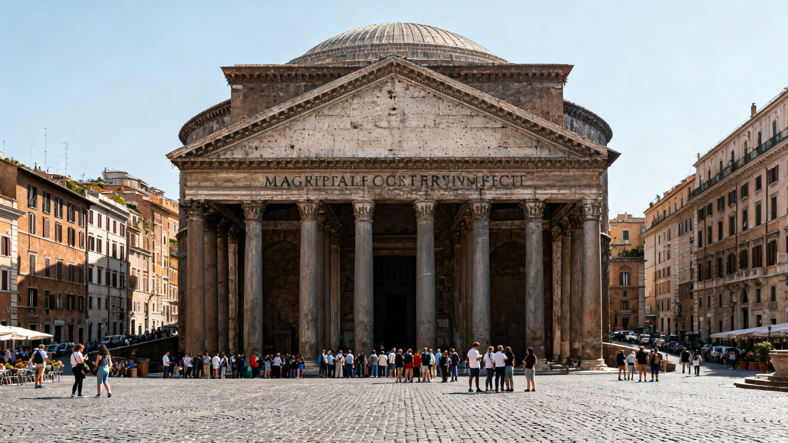The grand façade and massive dome of the Pantheon with visitors gathered on the cobblestone square outside