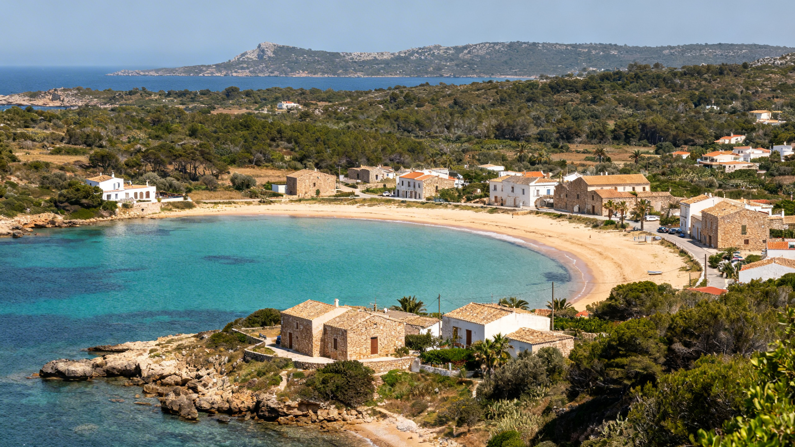 Sandy curved bays and turquoise inlets surround small villages with stone buildings on tranquil Menorca island, Balearic Islands