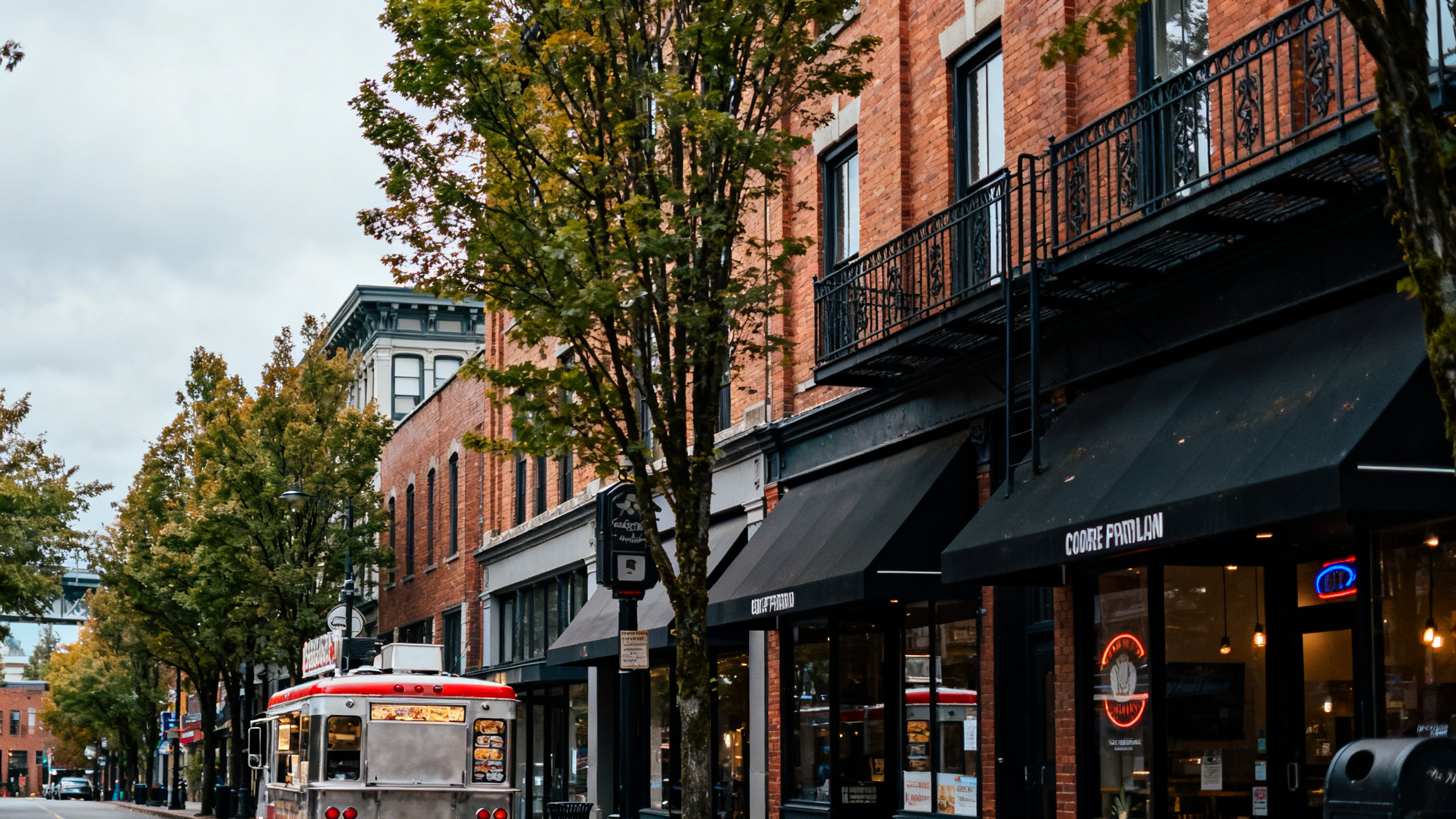 Tree-lined streets with hip shops and food carts bustling in downtown Portland, Oregon under a cloudy sky