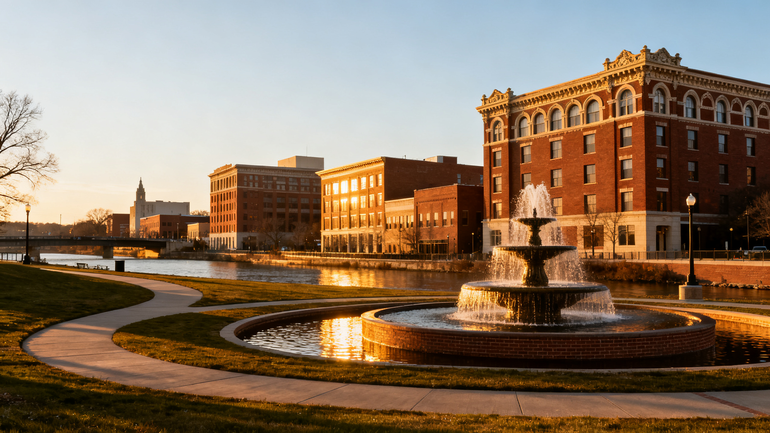 A broad riverside park with walking paths, a fountain, and historic brick buildings in downtown Fort Wayne on a sunny afternoon