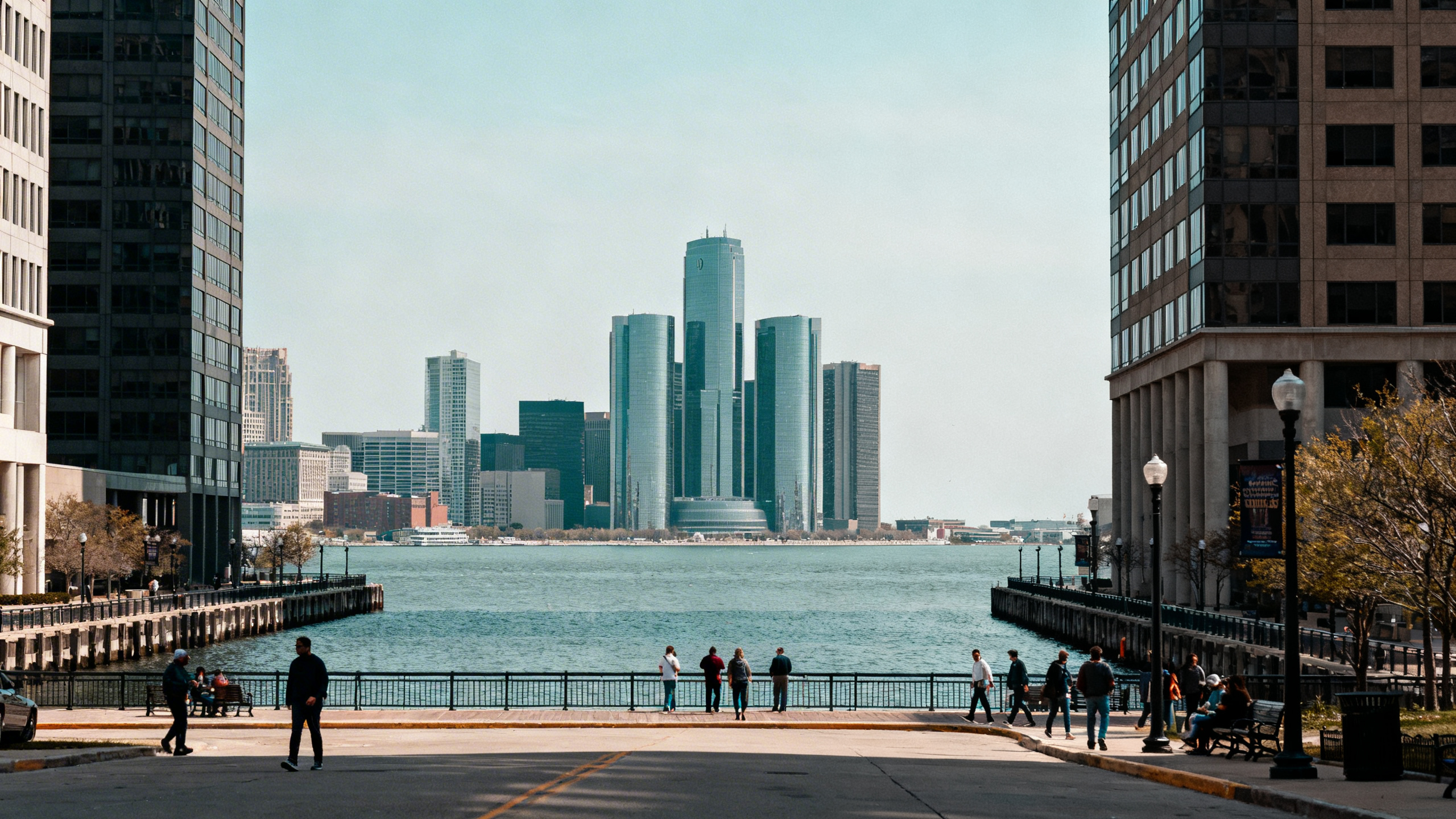 Wide shot of Detroit’s downtown riverfront with modern buildings and the Renaissance Center visible across the Detroit River