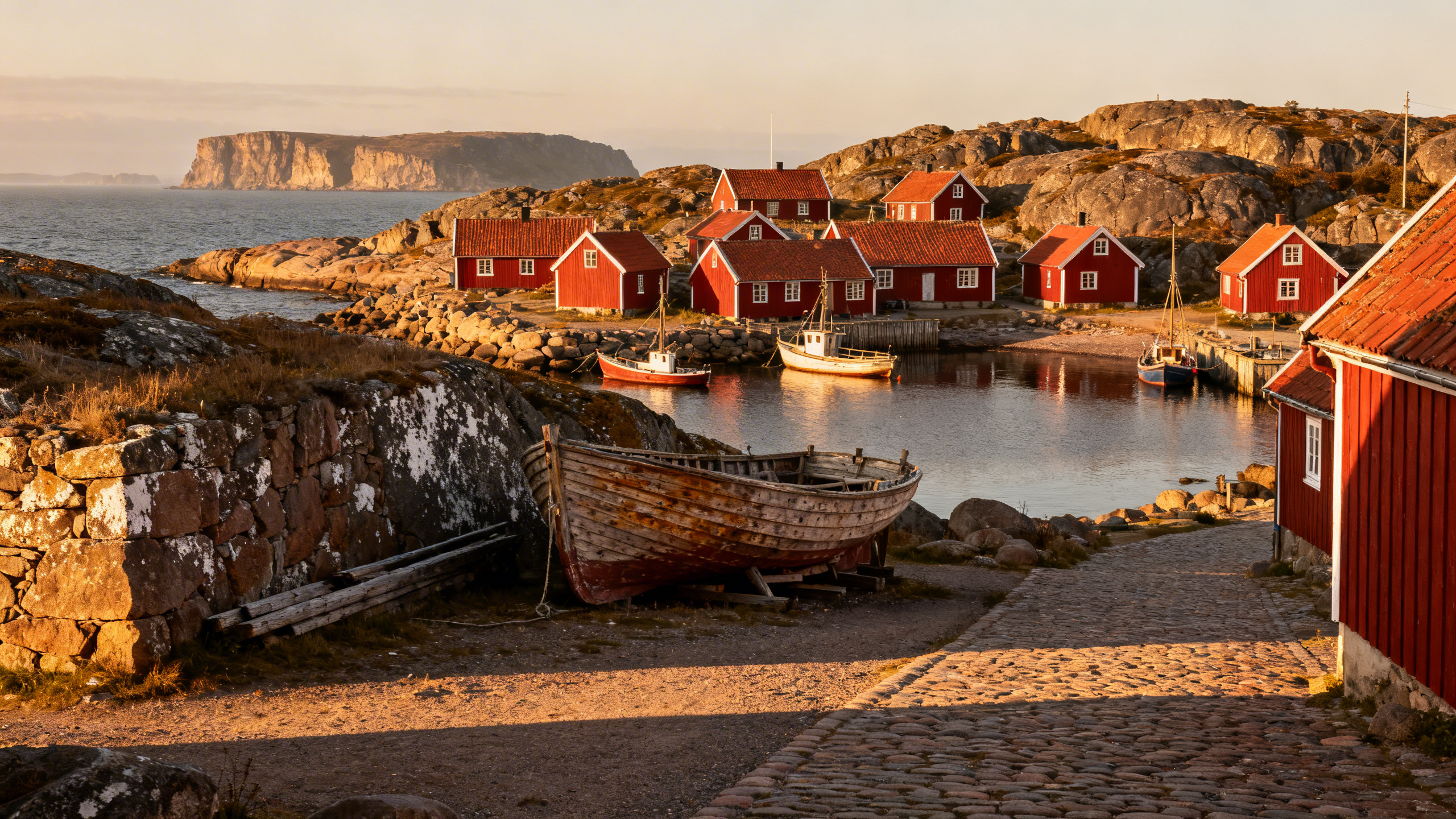 A quaint fishing village with red-roofed houses on the rocky coastline of the Danish island of Bornholm bathed in late afternoon sunlight