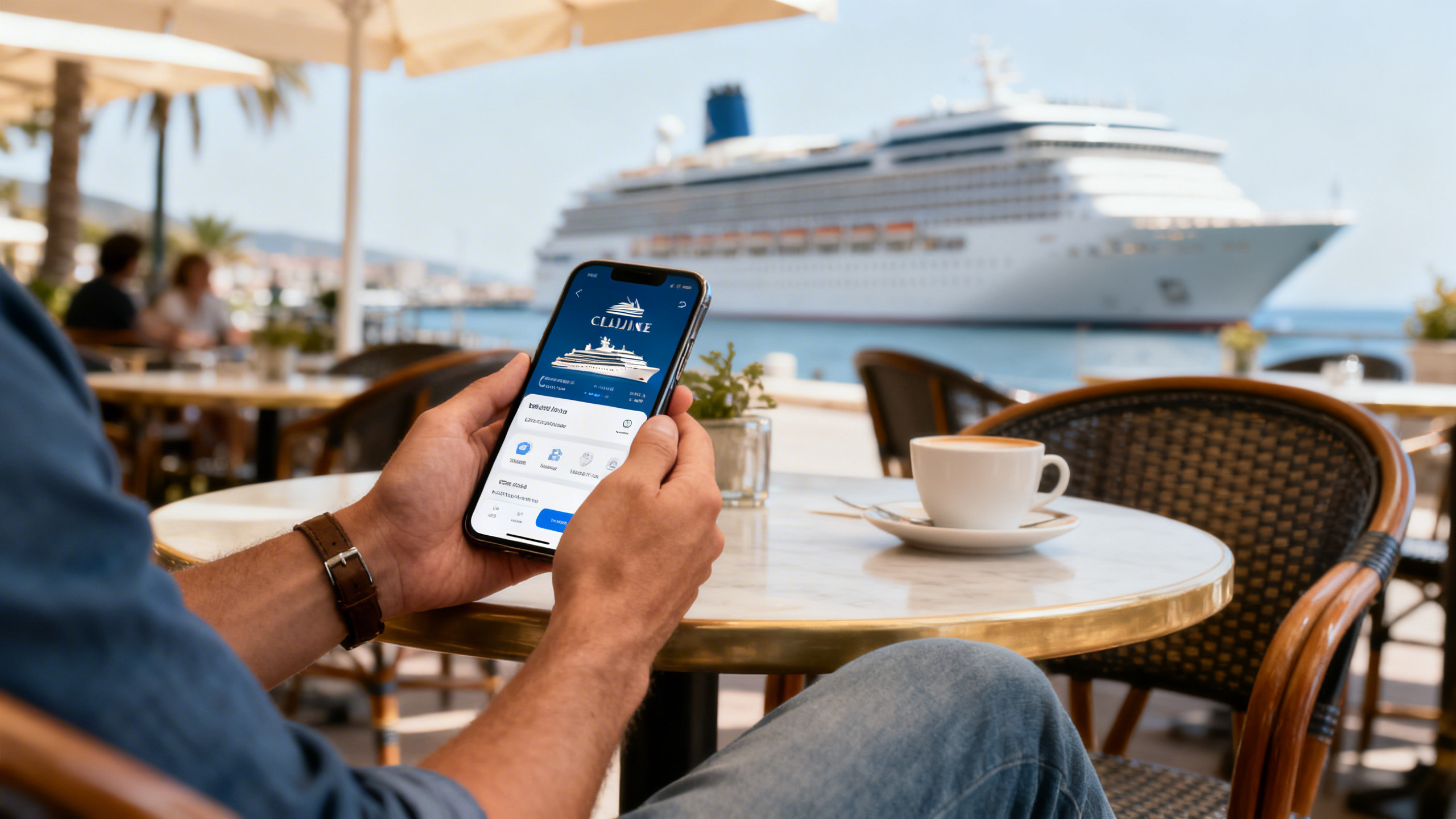 A traveler sitting at a cafe table outside with a smartphone displaying a cruise line app interface