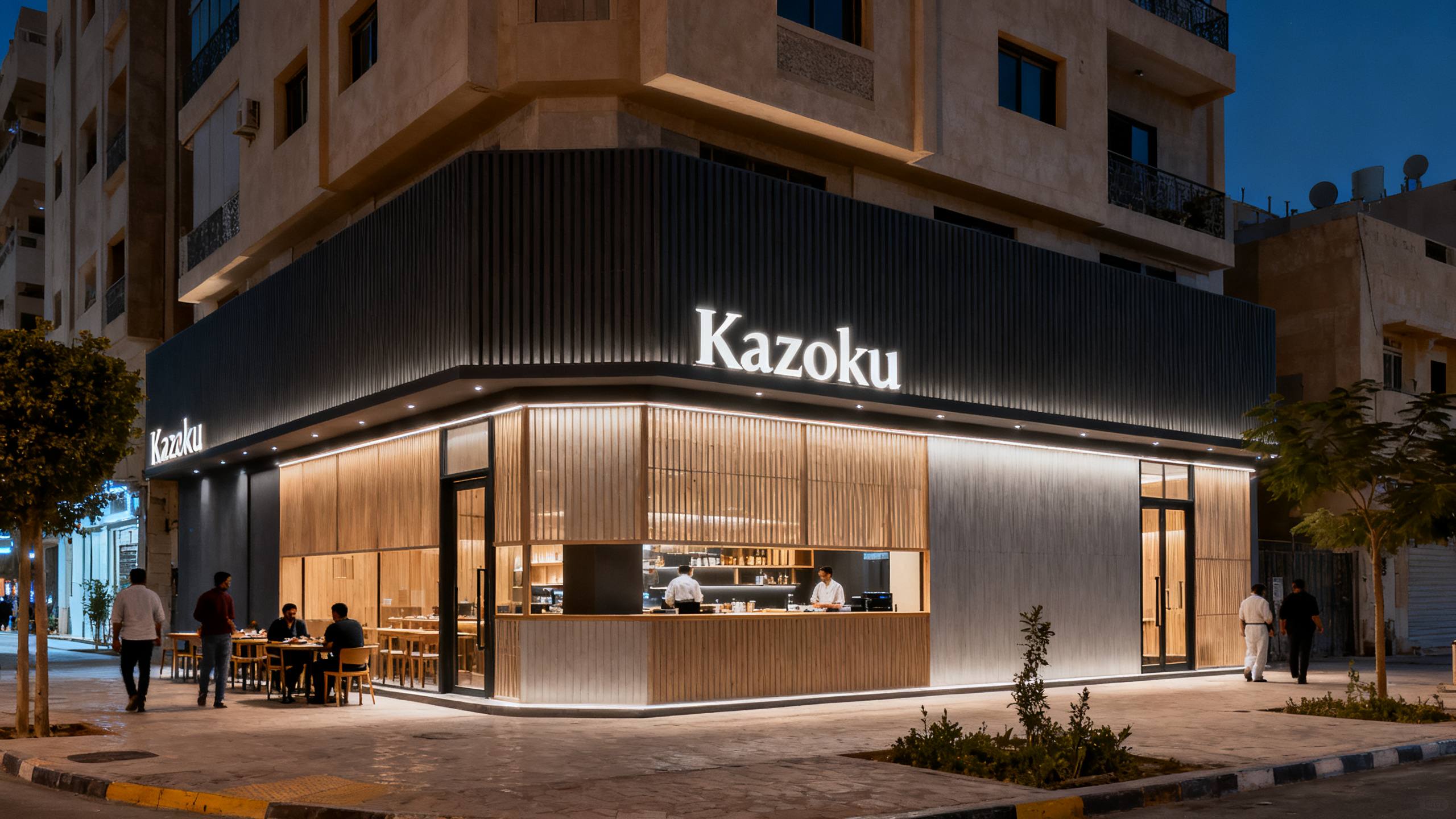 Sleek exterior of Kazoku restaurant with minimalist design and soft lighting in a modern Cairo neighborhood at night