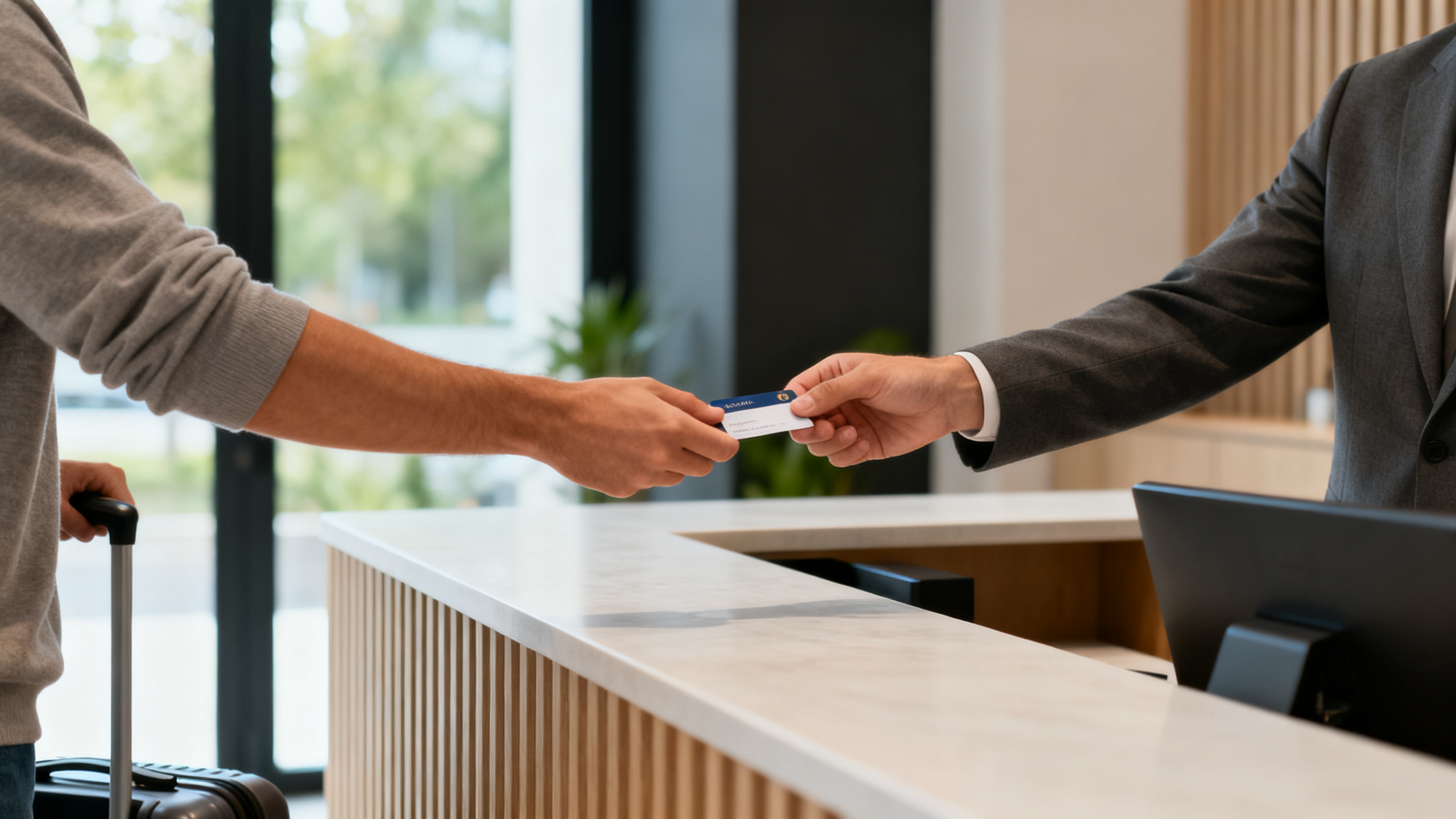 Guest handing over room key card at a minimalist hotel front desk during daylight hours.