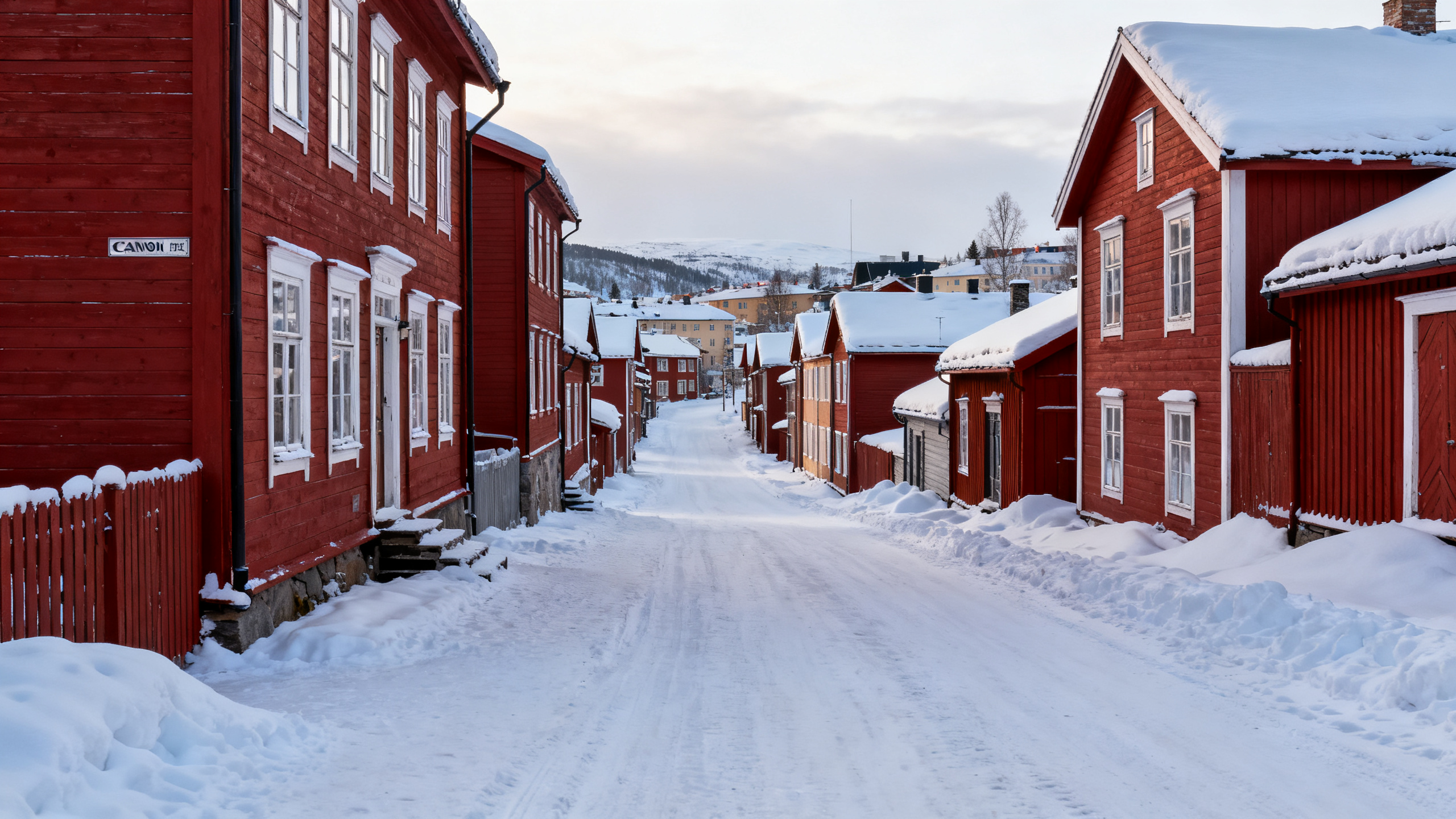 Røros historic town wooden red buildings snow winter