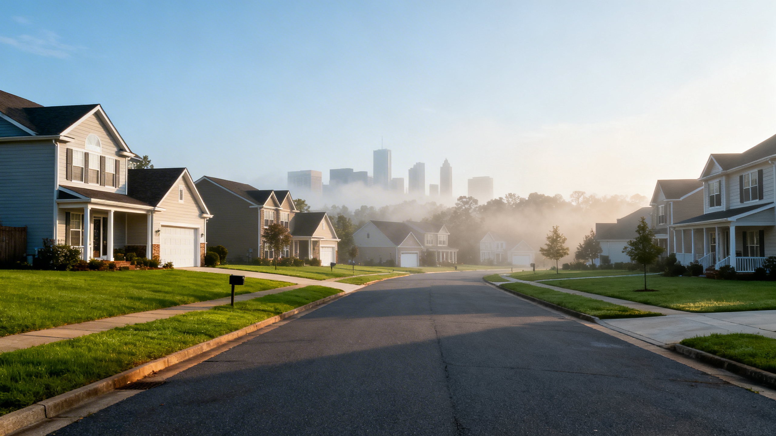 Suburban Atlanta neighborhood with single-family homes, wide streets, and lush green lawns under a clear sky.