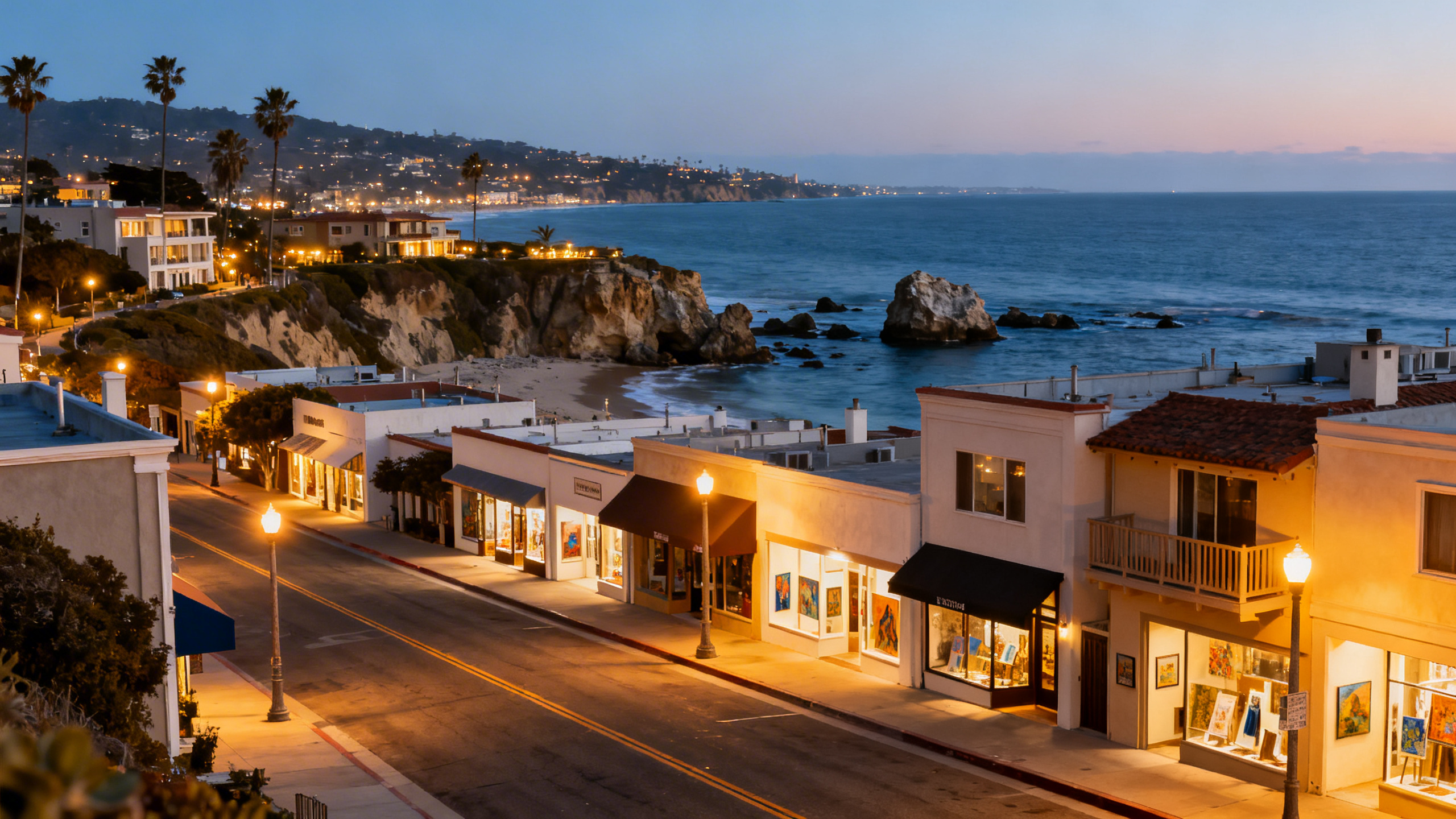 Sunset casting warm hues over rocky coves and artist galleries lining the streets of Laguna Beach, California