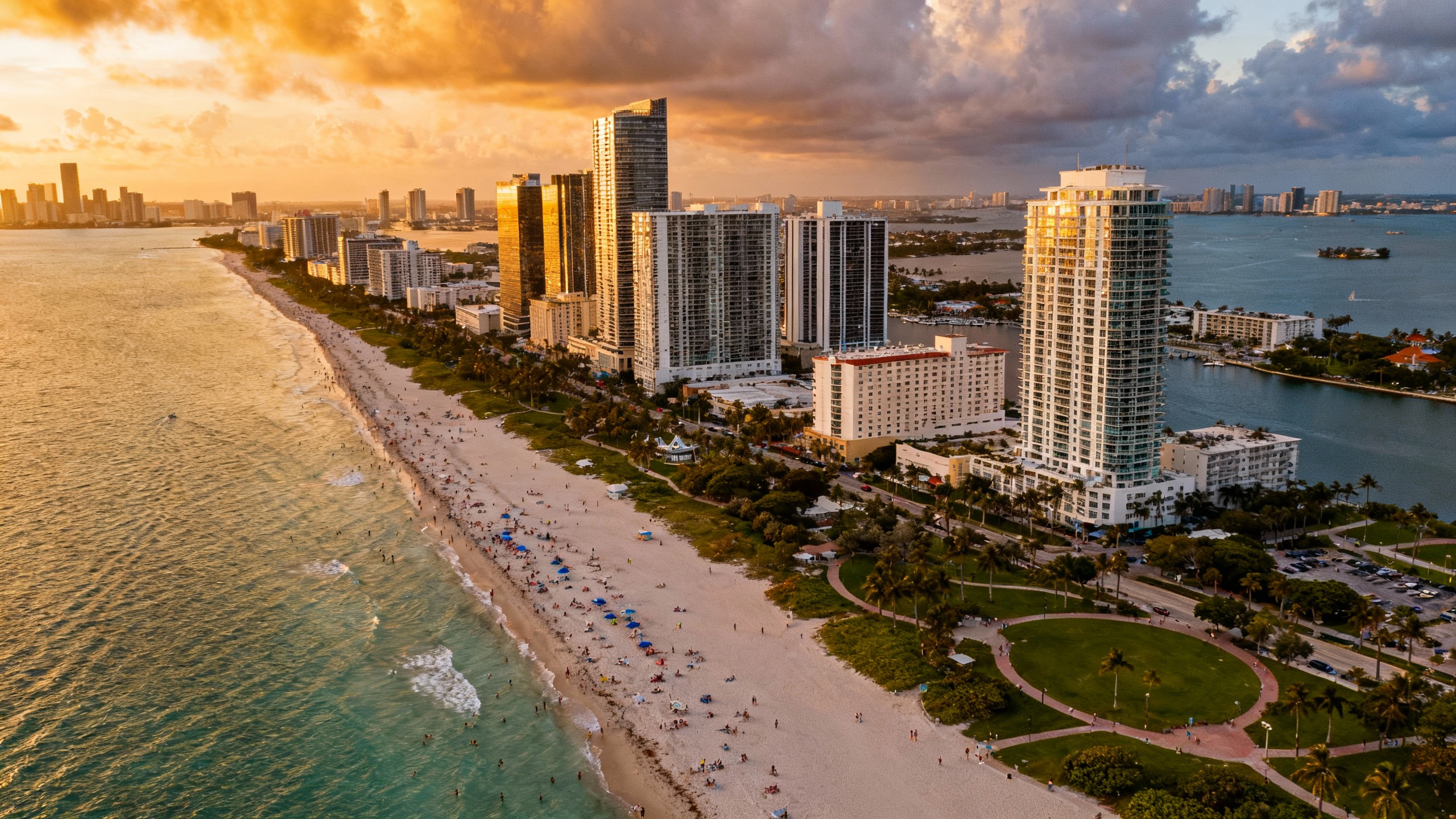 Miami, Florida crowded beach and high-rise hotels